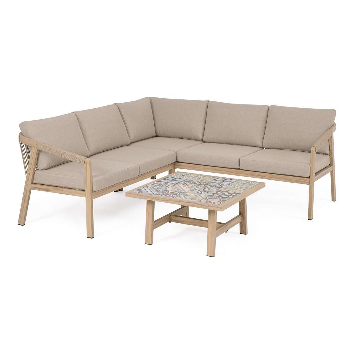 Gartenecksofa Kalimera - Aluminium Desert Sand, Olefin Taupe, inkl. Couchtisch