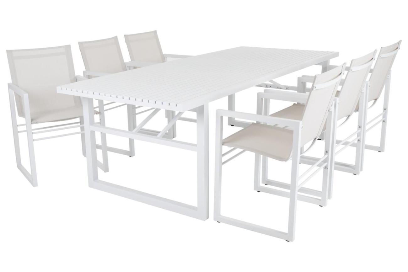 Der Gartenesstisch Vevi überzeugt mit seinem modernen Design. Gefertigt wurde die Tischplatte aus Metall, welche einen weißen Farbton besitzt. Das Gestell ist auch aus Metall und hat eine weiße Farbe. Der Tisch besitzt eine Länge von 230 cm.