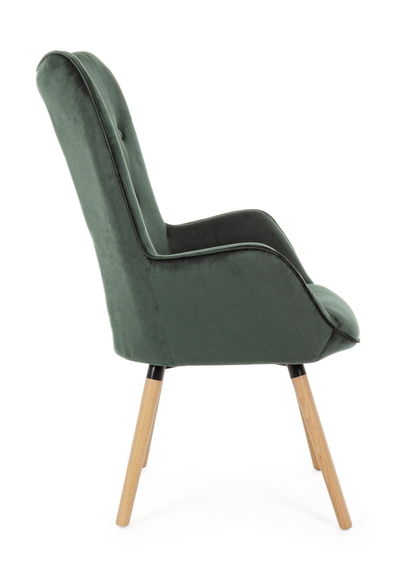 Der Sessel Juliet überzeugt mit seinem modernen Design. Gefertigt wurde er aus Stoff in Samt-Optik, welcher einen grünen Farbton besitzt. Das Gestell ist aus Buchenholz und hat eine natürliche Farbe. Der Sessel besitzt eine Sitzhöhe von 48 cm. Die Breite 