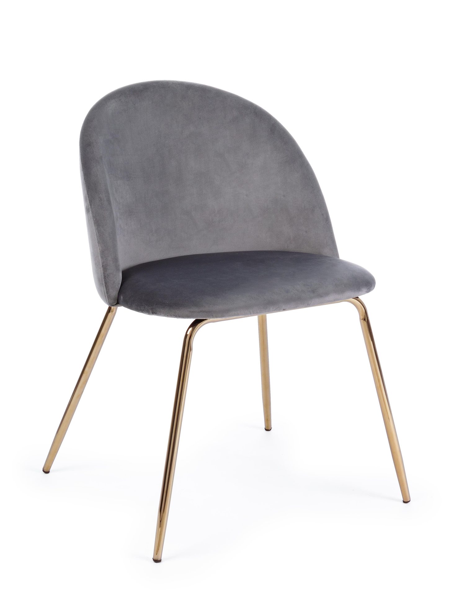 Der Esszimmerstuhl Tanya überzeugt mit seinem modernem Design. Gefertigt wurde der Stuhl aus Samt, welcher einen dunkelgrauen Farbton besitzt. Das Gestell ist aus Metall und ist Gold. Die Sitzhöhe beträgt 46 cm.