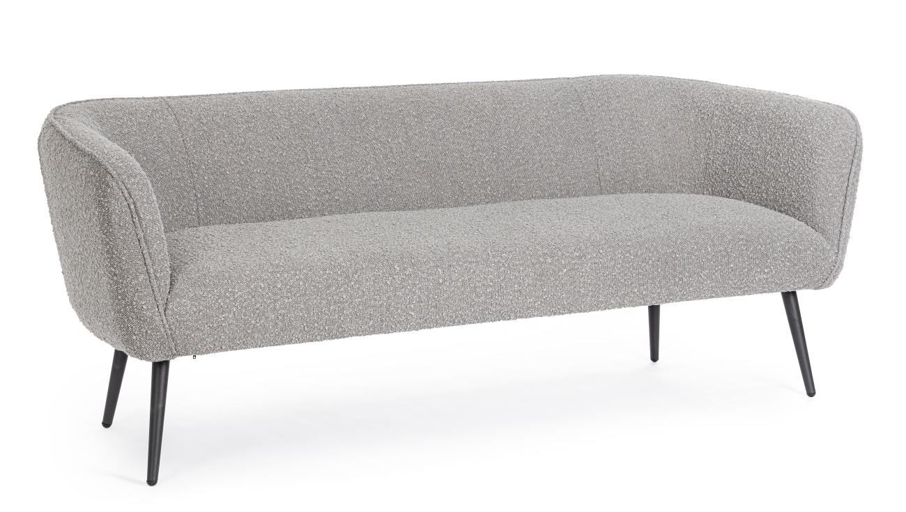 Das Sofa Avril überzeugt mit seinem modernen Stil. Gefertigt wurde es aus Bouclè-Stoff, welcher einen grauen Farbton besitzt. Das Gestell ist aus Metall und hat eine schwarze Farbe. Das Sofa ist in der Ausführung 3-Sitzer.