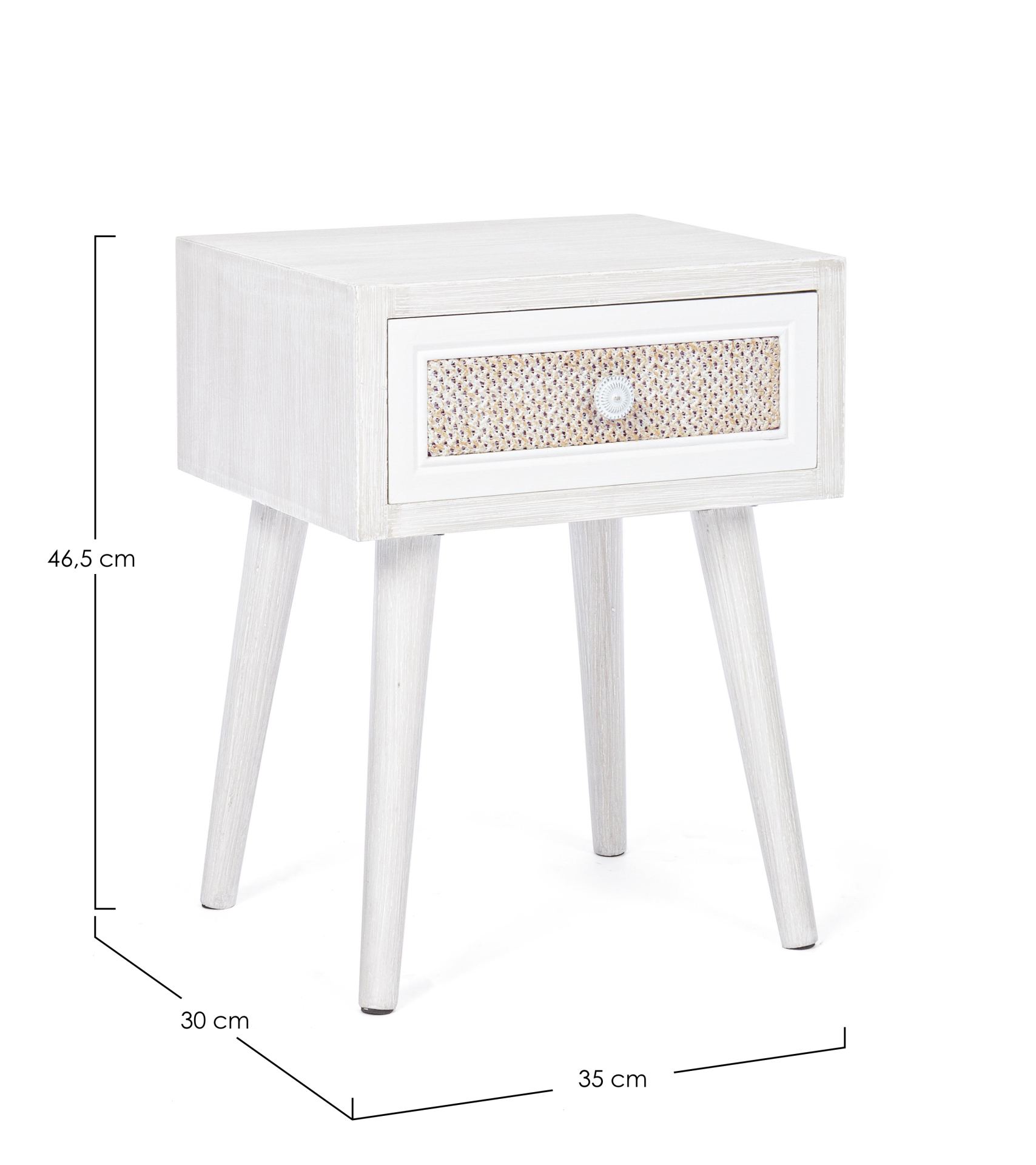 Der Nachttisch Montiel überzeugt mit seinem klassischen Design. Gefertigt wurde er aus MDF, welches einen weißen Farbton besitzt. Die Schublade ist aus Leinen gefertigt. Der Nachttisch verfügt über eine Schublade. Die Breite beträgt 31 cm.