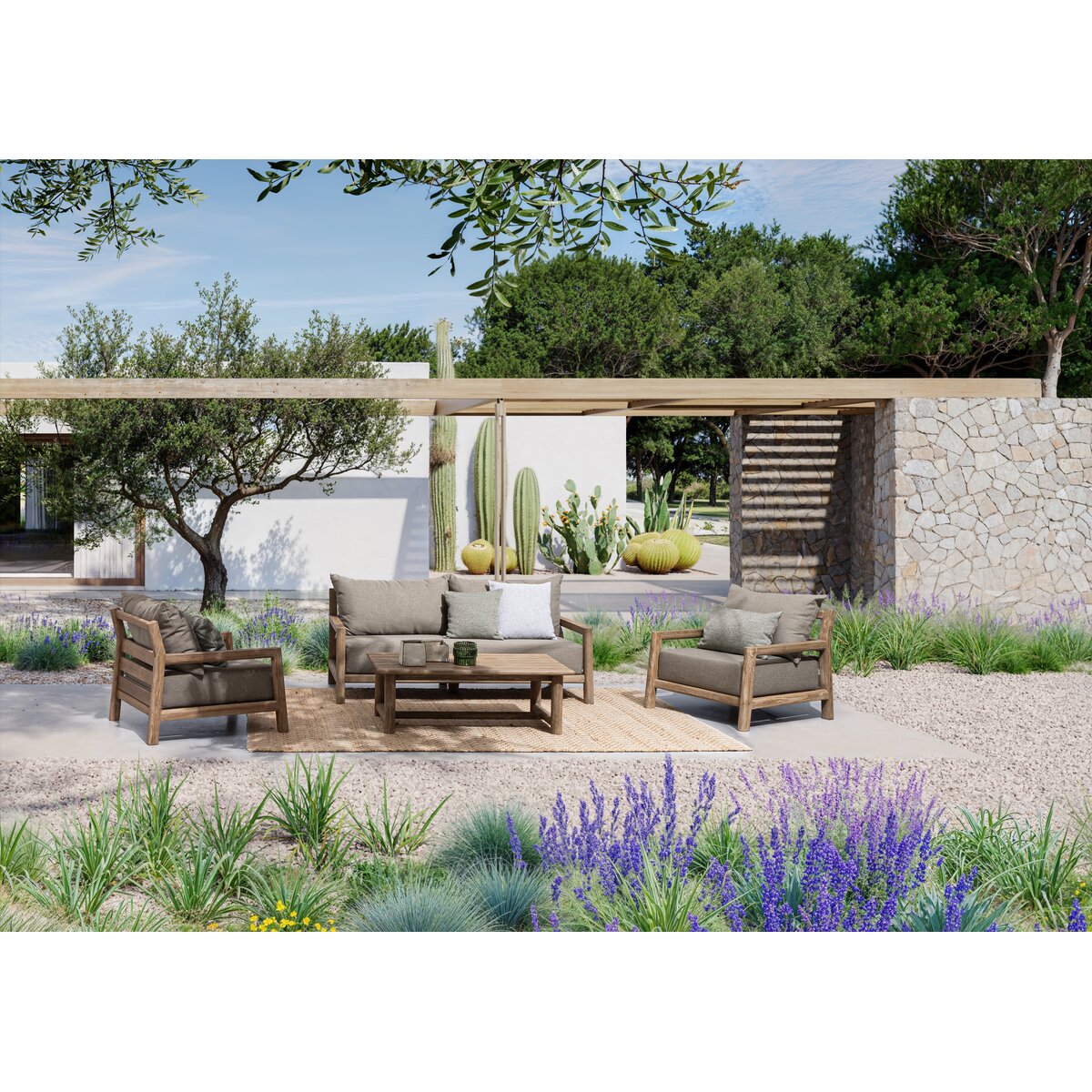 2-Sitzer Gartensofa Maynard - recyceltes Teakholz Braun, Olefin-Stoff Grün