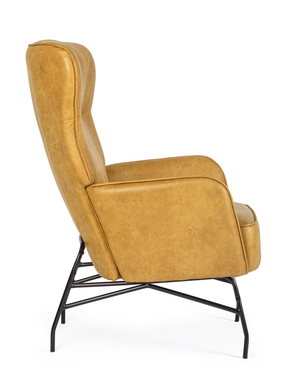 Der Sessel Nasira überzeugt mit seinem modernen Stil. Gefertigt wurde er aus Kunstleder, welches einen Senf Farbton besitzt. Das Gestell ist aus Metall und hat eine schwarze Farbe. Der Sessel besitzt eine Sitzhöhe von 50 cm.