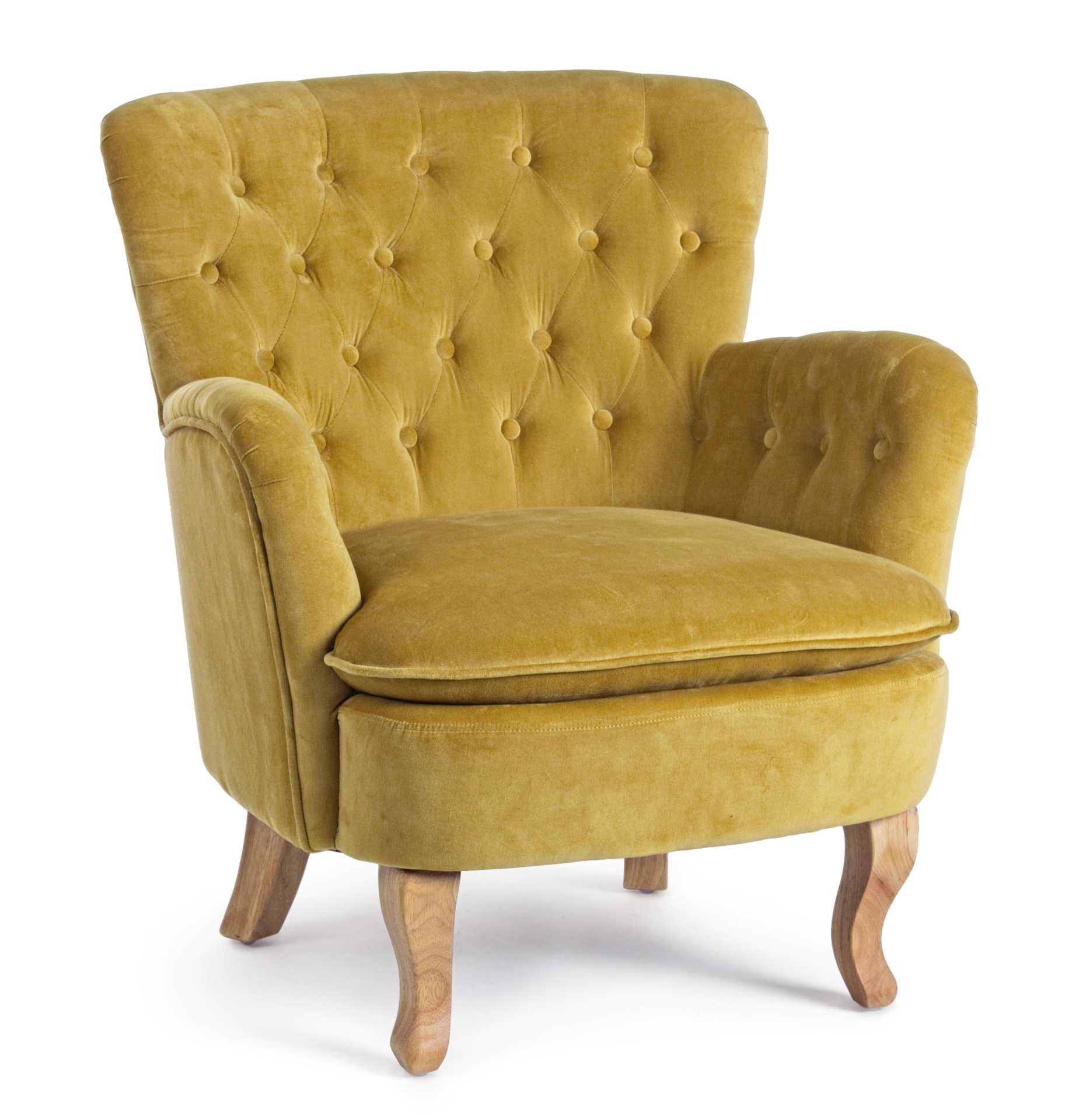 Der Sessel Orlins überzeugt mit seinem klassischen Design. Gefertigt wurde er aus Stoff in Samt-Optik, welcher einen gelben Farbton besitzt. Das Gestell ist aus Kiefernholz und hat eine natürliche Farbe. Der Sessel besitzt eine Sitzhöhe von 44 cm. Die Bre