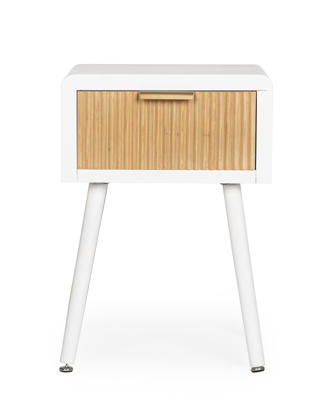 Der Nachttisch Charly überzeugt mit seinem modernen Design. Gefertigt wurde er aus Paulowniaholz, welches einen natürlichen Farbton besitzt. Das Gestell ist aus MDF und hat eine weiße Farbe. Der Nachttisch besitzt eine Breite von 40 cm.