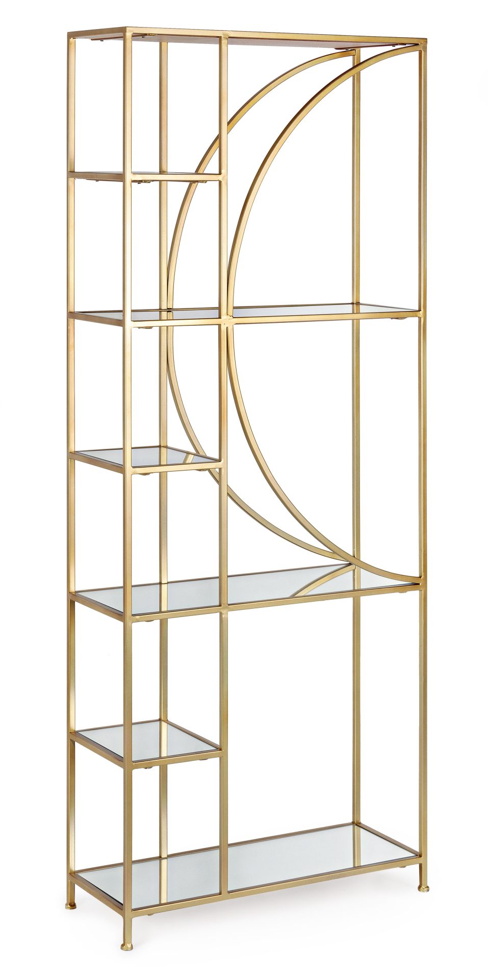 Das Regal Elenor überzeugt mit seinem klassischen Design. Gefertigt wurde es aus Glas. Das Gestell ist aus Metall und hat eine goldene Farbe. Das Regal verfügt über fünf Fächer. Die Breite beträgt 66 cm.