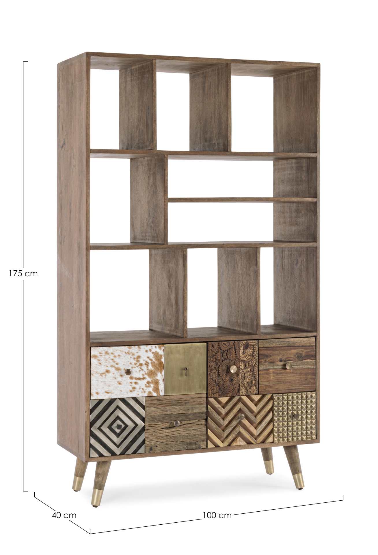 Das Bücherregal Dhaval überzeugt mit seinem klassischen Design. Gefertigt wurde es aus Mangoholz, welches einen natürlichen Farbton besitzt.Das Gestell ist auch aus Mangoholz. Das Bücherregal verfügt über zwei Türen und sechsSchubladen. Die Breite beträgt