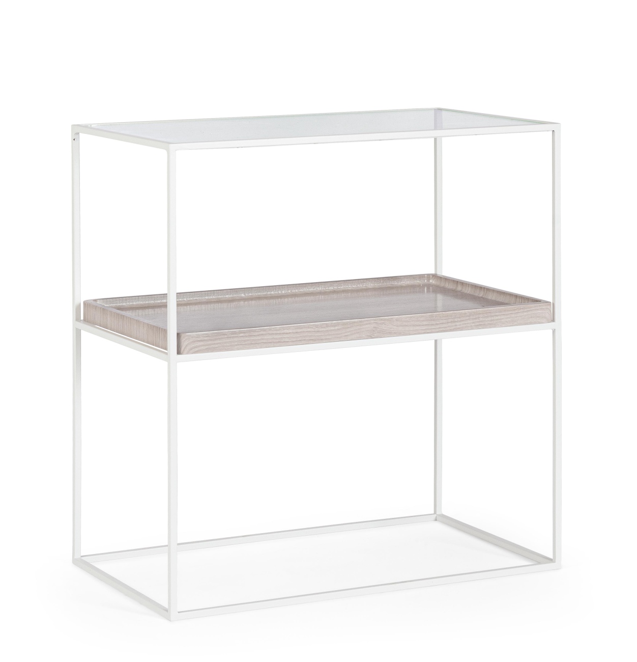Der Nachttisch Laurel überzeugt mit seinem modernen Design. Gefertigt wurde er aus Metall, welches einen weißen Farbton besitzt. Die Tischplatte ist aus Glas. Der Nachttisch besitzt eine Breite von 55 cm.