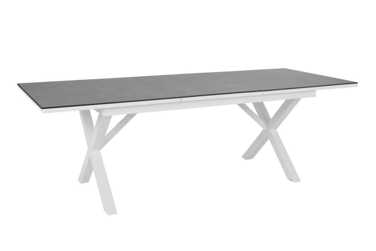 Der Gartenesstisch Hillmond überzeugt mit seinem modernen Design. Gefertigt wurde die Tischplatte aus Granit und besitzt einen weißen Farbton. Das Gestell ist auch aus Metall und hat eine weiße Farbe. Der Tisch besitzt eine Länger von 166 cm welche bis au