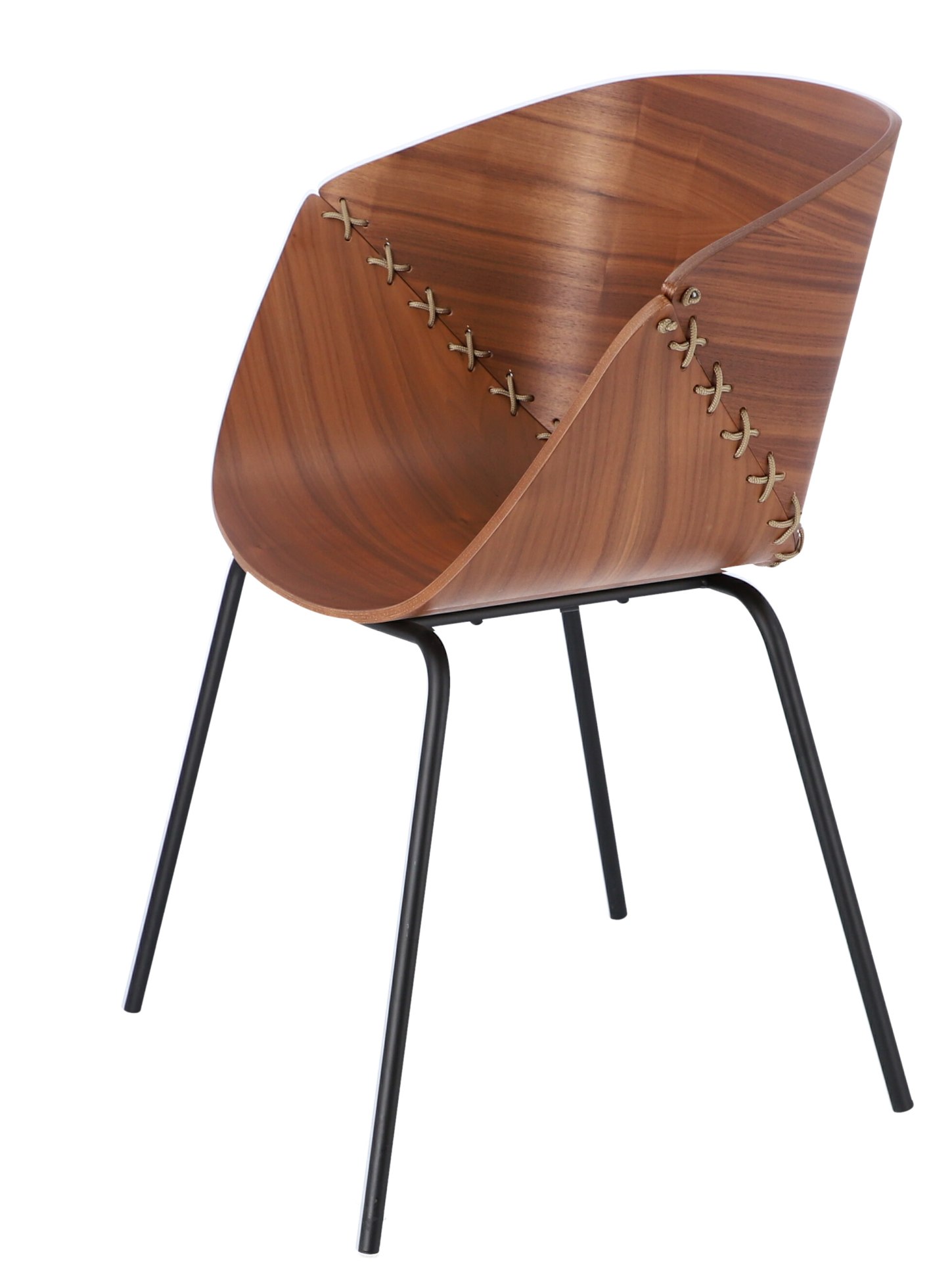 Der Stuhl Gossip überzeugt mit seinem besonderen Design. Das Gestell ist aus Metall und die Sitzschale aus Eichenfurnier in einer Nussbaum Optik.