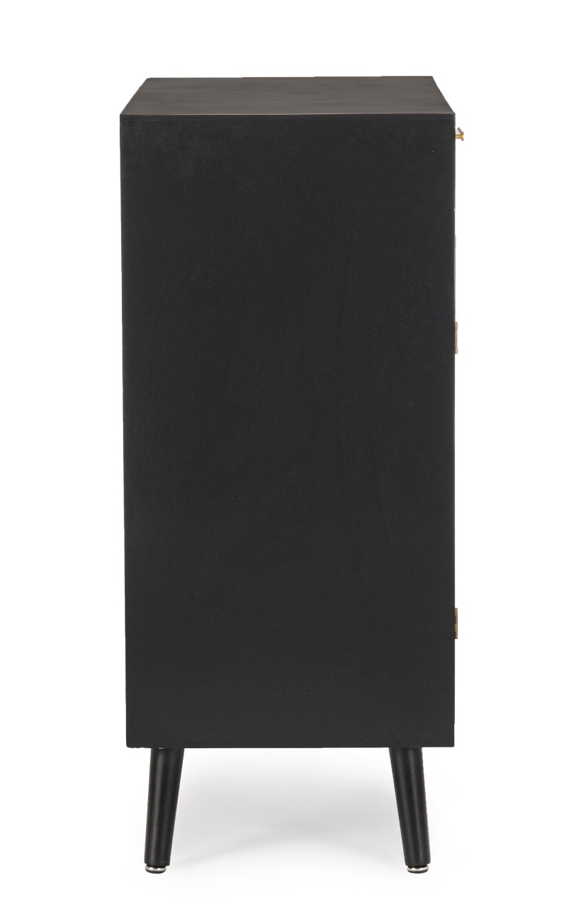 Die Kommode Josine überzeugt mit ihrem modernen Design. Gefertigt wurde sie aus Kiefernholz, welches einen schwarzen Farbton besitzt. Die Einsätze der Türen sind aus Rattan und haben eine natürliche Farbe. Die Kommode besitzt eine Breite von 80 cm.