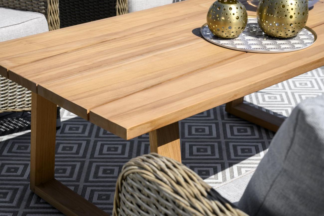 Der Gartencouchtisch Laurion überzeugt mit seinem modernen Design. Gefertigt wurde die Tischplatte aus Teakholz und hat eine natürliche Farbe. Das Gestell ist auch aus Teakholz und hat eine natürliche Farbe. Der Tisch besitzt eine Länge von 130 cm.