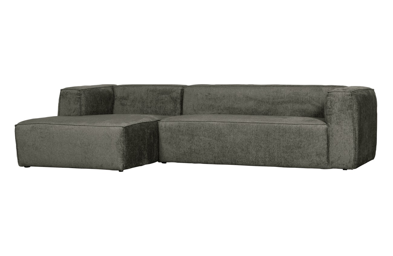 Das Sofa Bean überzeugt mit seinem modernen Stil. Gefertigt wurde es aus Struktursamt, welches einen Graugrün Farbton besitzt. Das Gestell ist aus Kunststoff und hat eine schwarze Farbe. Das Sofa in der Ausführung Links besitzt eine Größe von 305x175 cm.