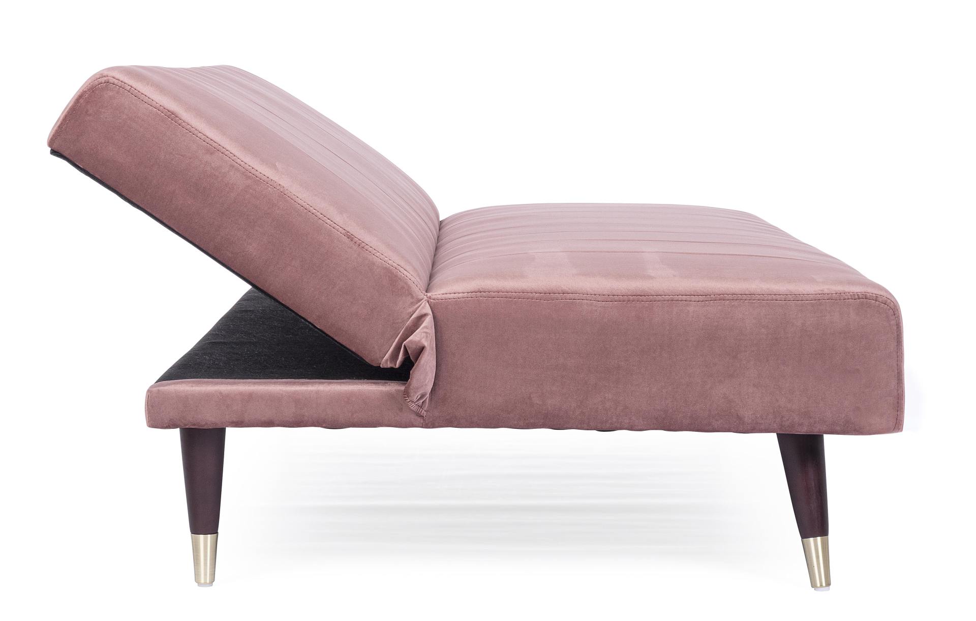 Das Schlafsofa Alma überzeugt mit seinem klassischen Design. Gefertigt wurde es aus Samt, welcher einen rosa Farbton besitzt. Das Gestell ist aus Metall und hat eine schwarzen Farbe. Die Schlaffunktion hat ein Maß von 180x105 cm. Das Sofa ist in der Ausfü