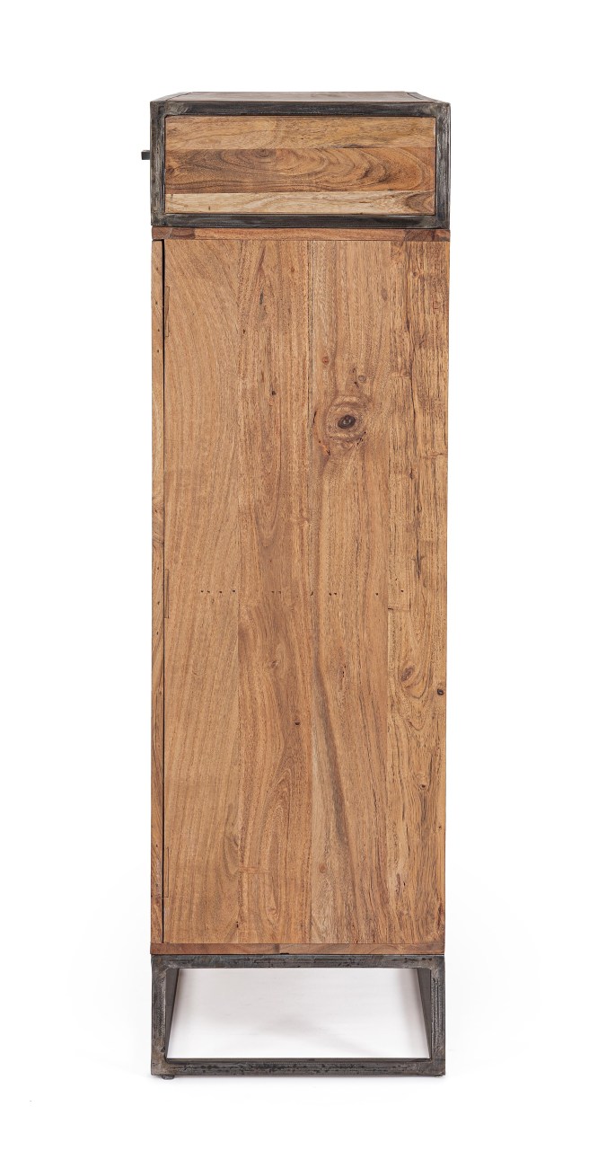 Das Highboard Janak überzeugt mit seinem modernen Stil. Gefertigt wurde es aus Akazienholz, welches einen natürlichen Farbton besitzt. Das Gestell ist aus Metall und hat eine schwarze Farbe. Das Highboard verfügt über drei Türen und zwei Schubladen.
