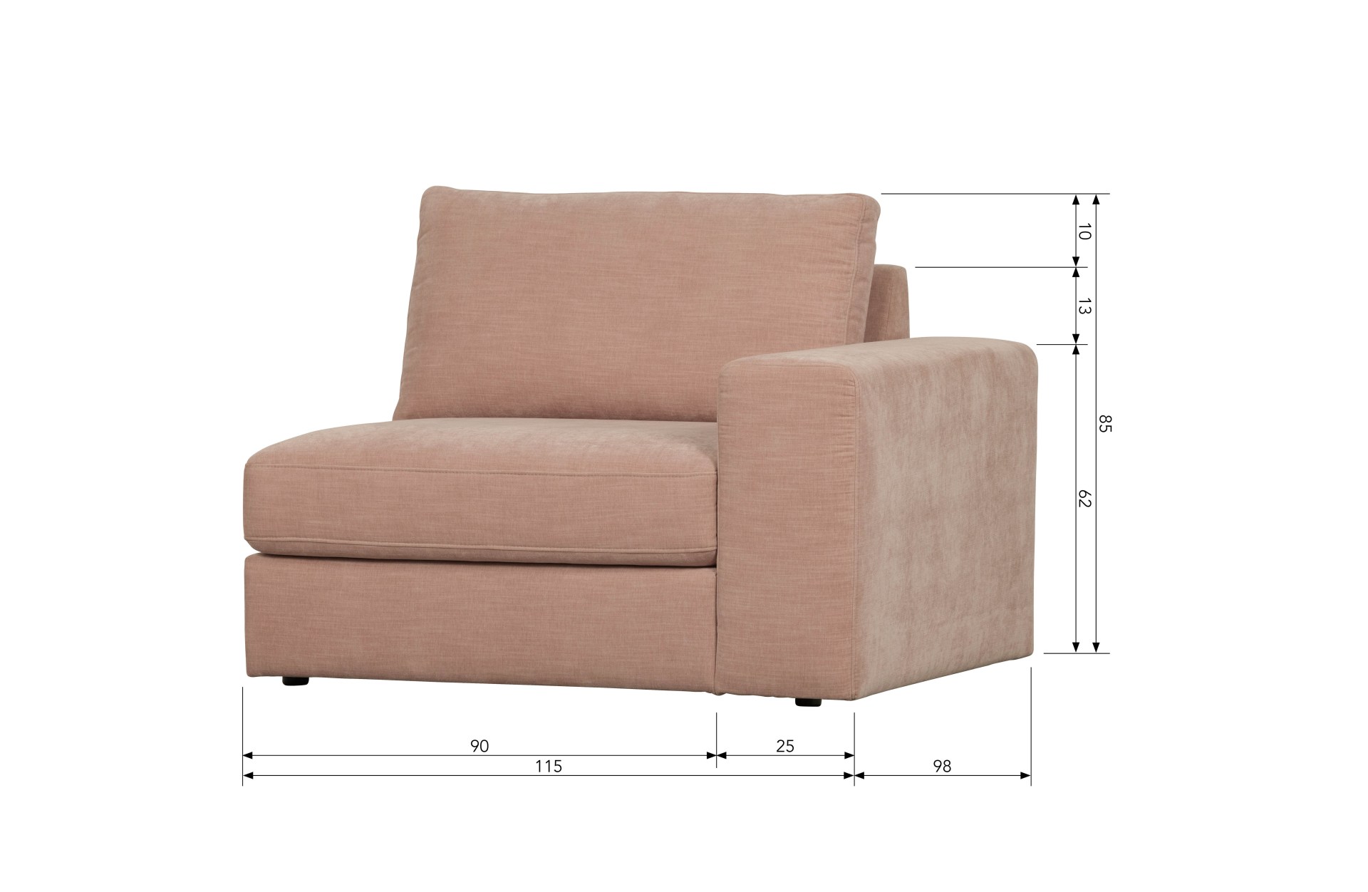 Das Modulsofa Family überzeugt mit seinem modernen Design. Das 1-Seat Element mit der Ausführung Rechts wurde aus Gewebe-Stoff gefertigt, welcher einen einen rosa Farbton besitzen. Das Gestell ist aus Metall und hat eine schwarze Farbe. Das Element hat ei