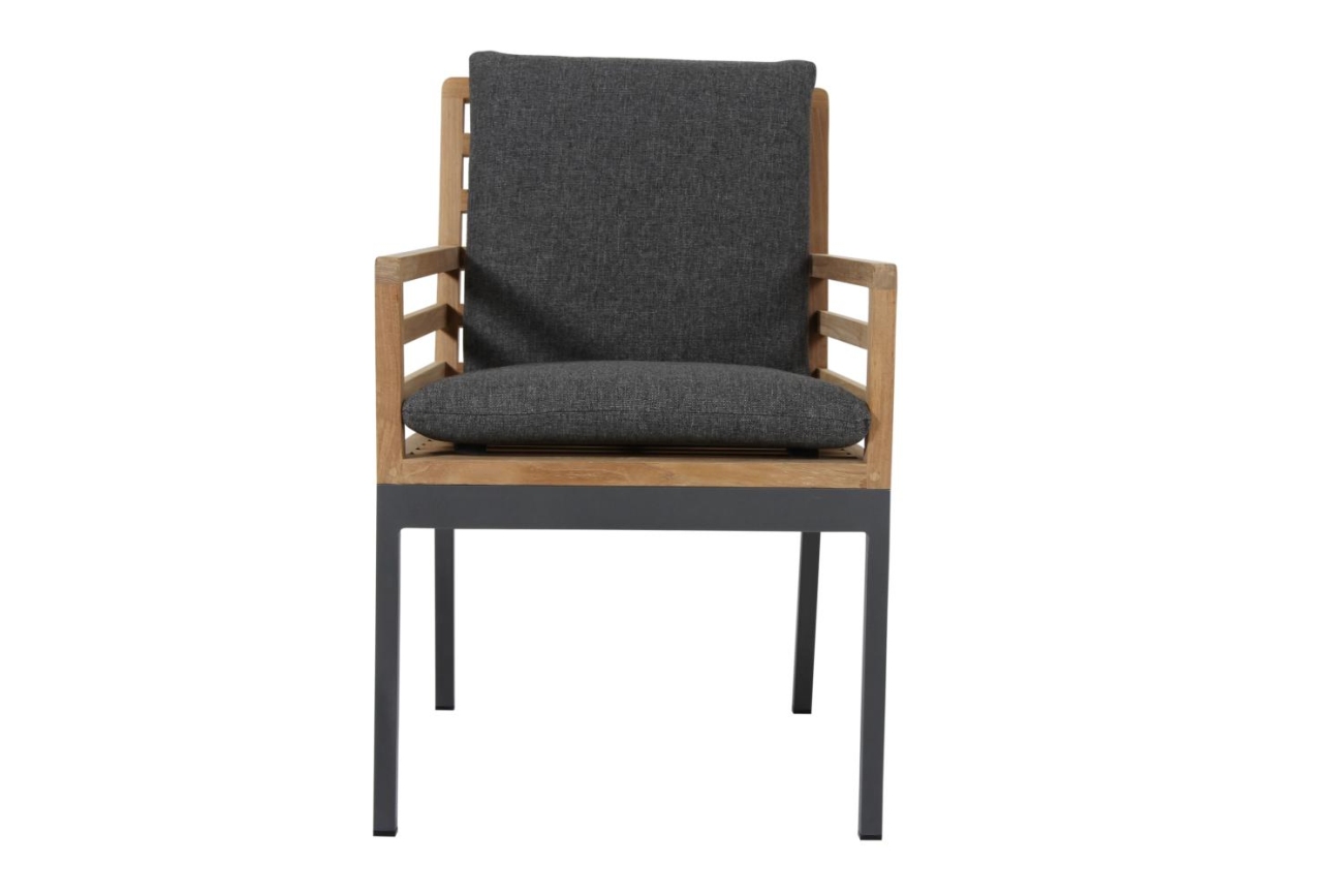 Der Gartenstuhl Zalongo überzeugt mit seinem modernen Design. Gefertigt wurde er aus Teakholz, welches einen natürliche Farbton besitzt. Das Gestell ist aus Metall und hat eine Anthrazit Farbe. Die Sitzhöhe des Stuhls beträgt 43 cm.