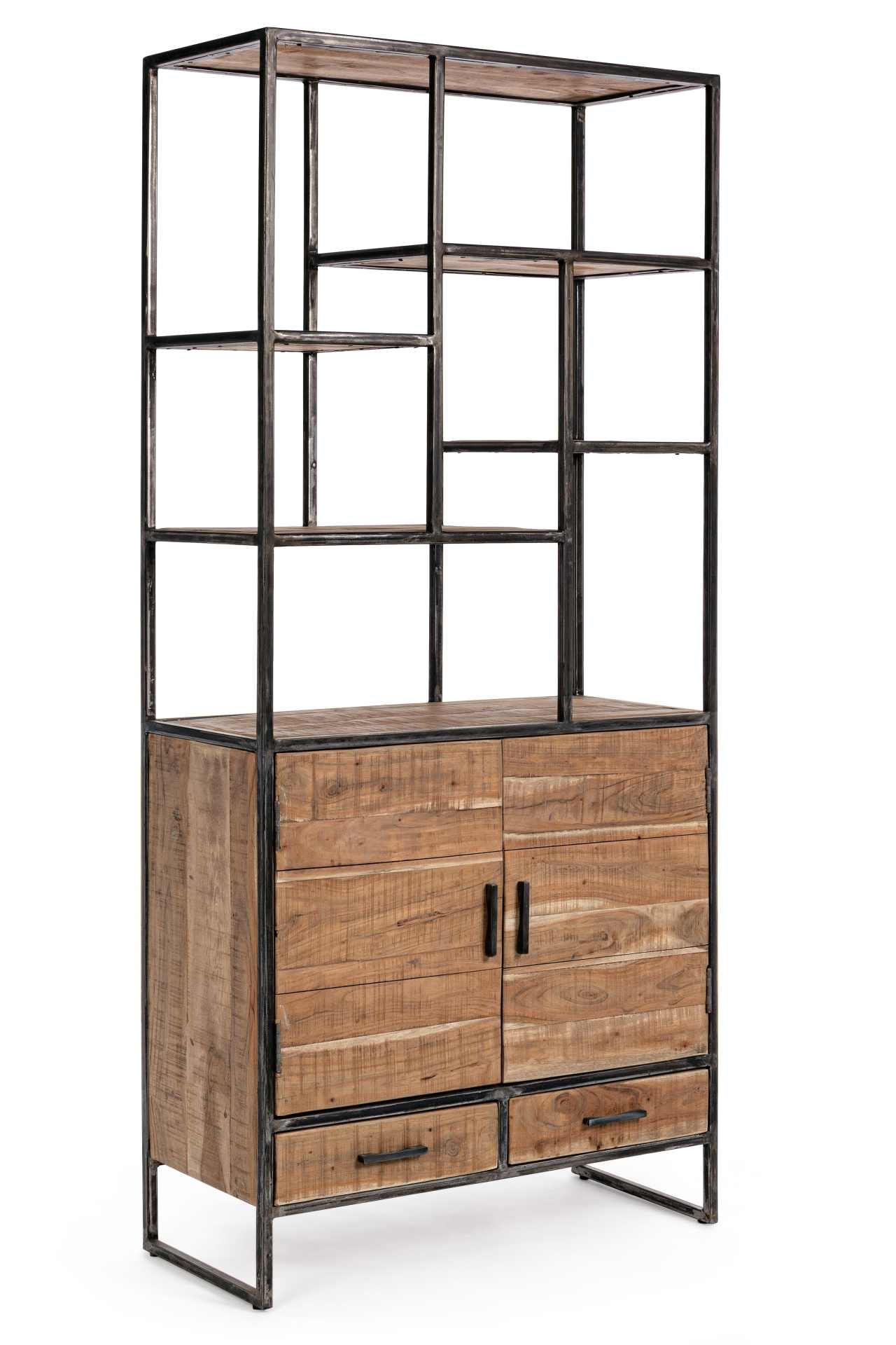 Das Bücherregal Elmer überzeugt mit seinem klassischen Design. Gefertigt wurde es aus Akazienholz, welches einen natürlichen Farbton besitzt. Das Gestell ist aus Metall und hat eine schwarze Farbe. Das Bücherregal verfügt über zwei Schubladen und zwei Tür