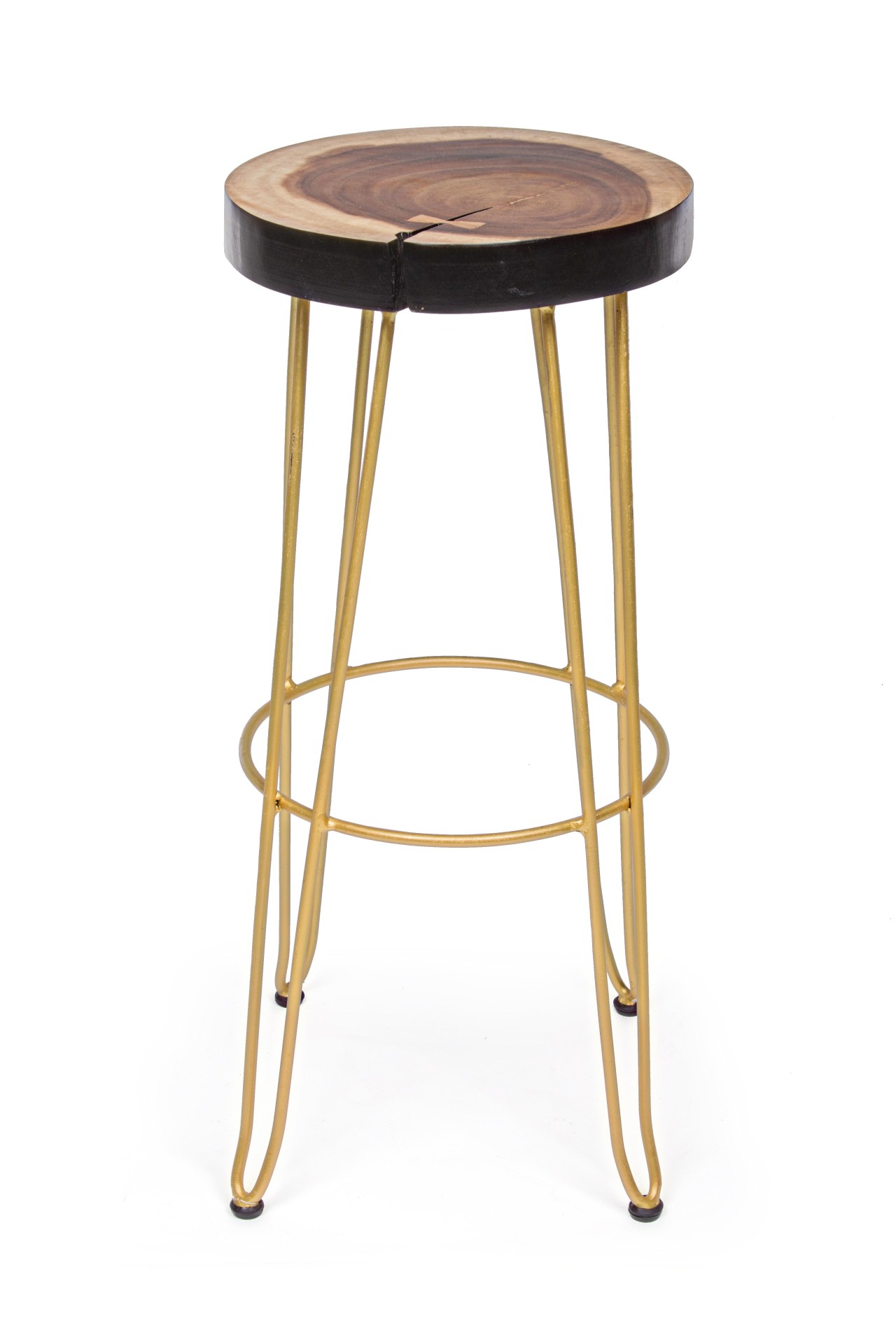 Der Barhocker Rakel überzeugt mit seinem klassischen Design. Gefertigt wurde er aus Mungur Holz, welches einen natürlichen Farbton besitzt. Das Gestell ist aus Metall und hat eine goldenen Farbe. Die Sitzhöhe des Hockers beträgt 74 cm.