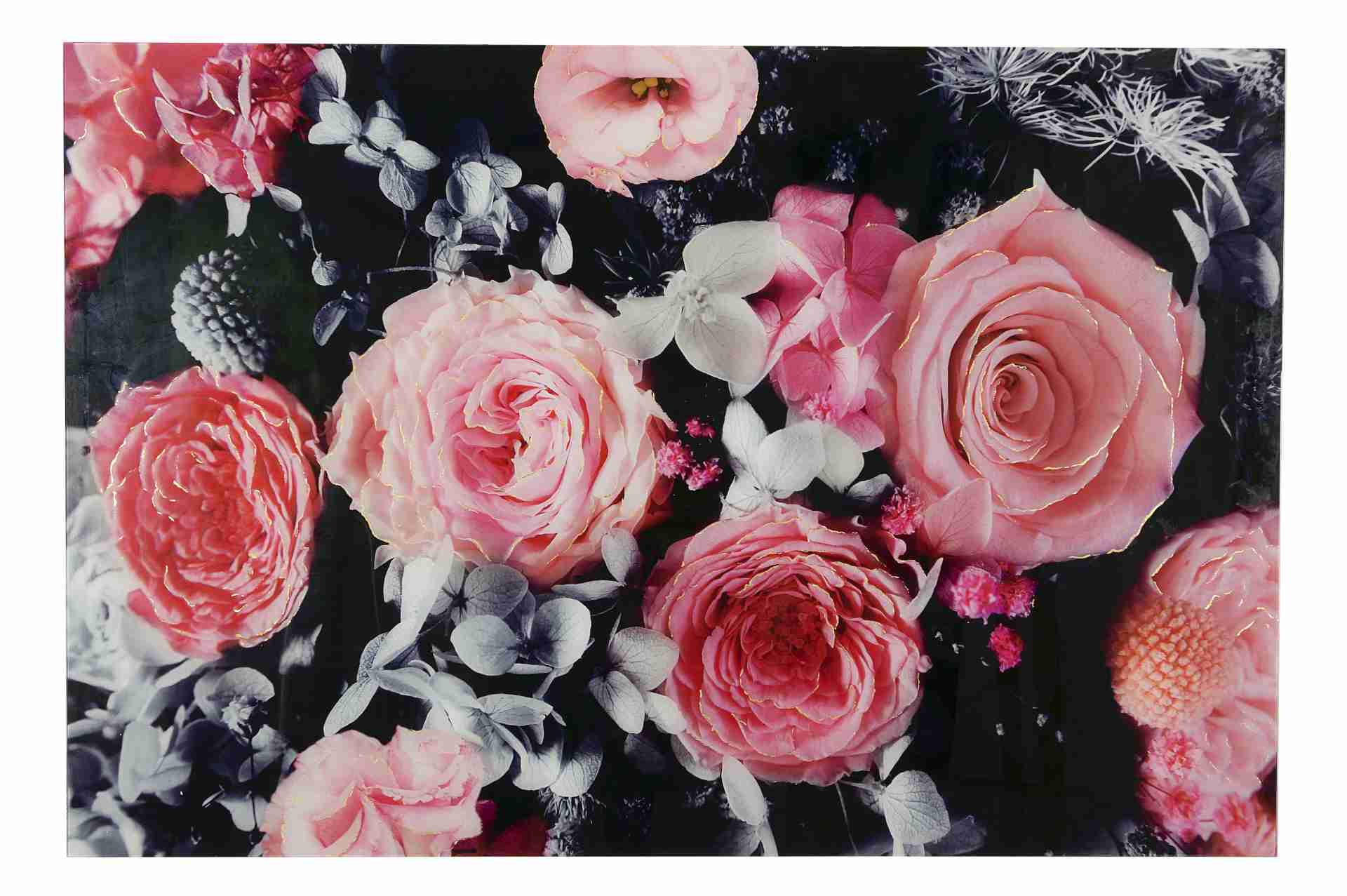 Das Gemälde Roses überzeugt mit ihrem modernen Design. Das Bild verfügt über einen Druck auf Plexiglas. Der Rahmen ist aus gehärtetem Glas. Die Maße sind 120x80 cm.