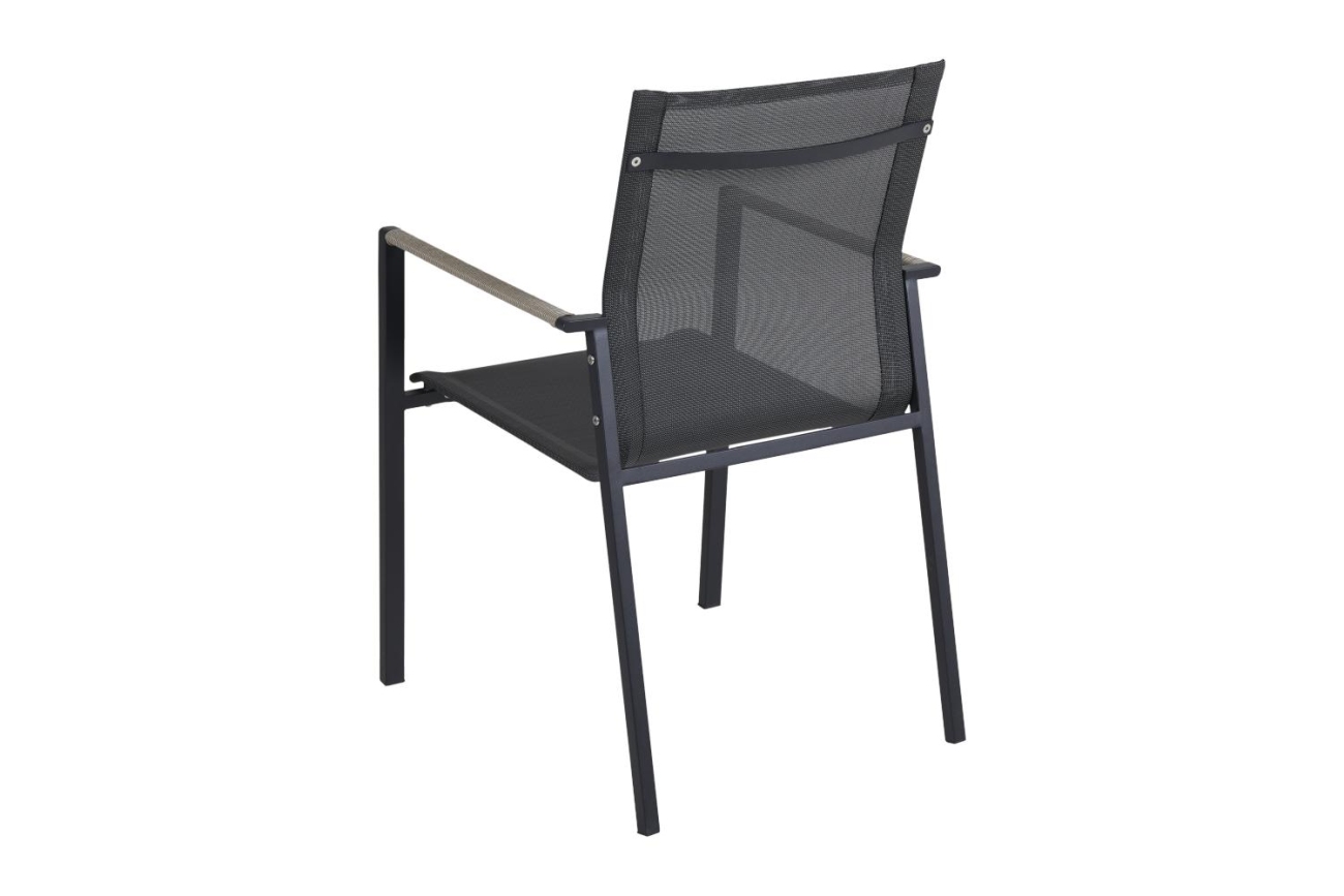 Der Gartenstuhl Lyra überzeugt mit seinem modernen Design. Gefertigt wurde er aus Textilene, welcher einen schwarzen Farbton besitzt. Das Gestell ist aus Metall und hat eine schwarze Farbe. Die Sitzhöhe des Stuhls beträgt 45 cm.