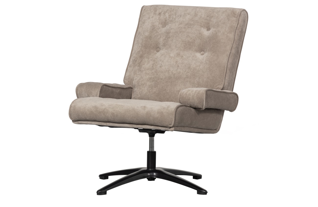 Der Sessel William überzeugt mit seinem modernen Design. Gefertigt wurde er aus geripptem Stoff, welcher einen Sand Farbton besitzt. Das Gestell ist aus Metall und hat eine schwarze Farbe. Der Sessel besitzt eine Sitzhöhe von 50 cm und ist drehbar.
