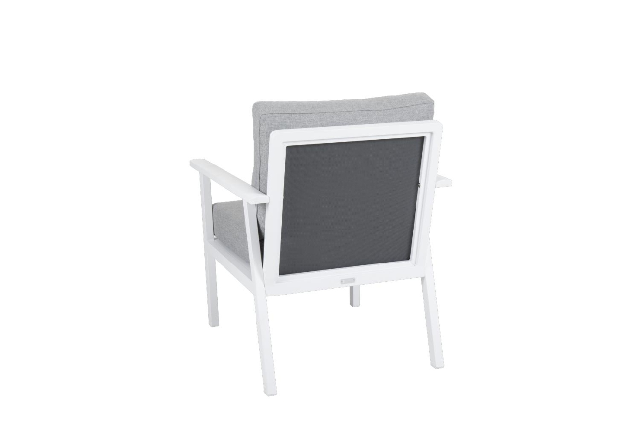 Der Gartensessel Samvaro Small überzeugt mit seinem modernen Design. Gefertigt wurde er aus Stoff, welcher einen grauen Farbton besitzt. Das Gestell ist aus Metall und hat eine weißen Farbe. Die Sitzhöhe des Sessels beträgt 48 cm.