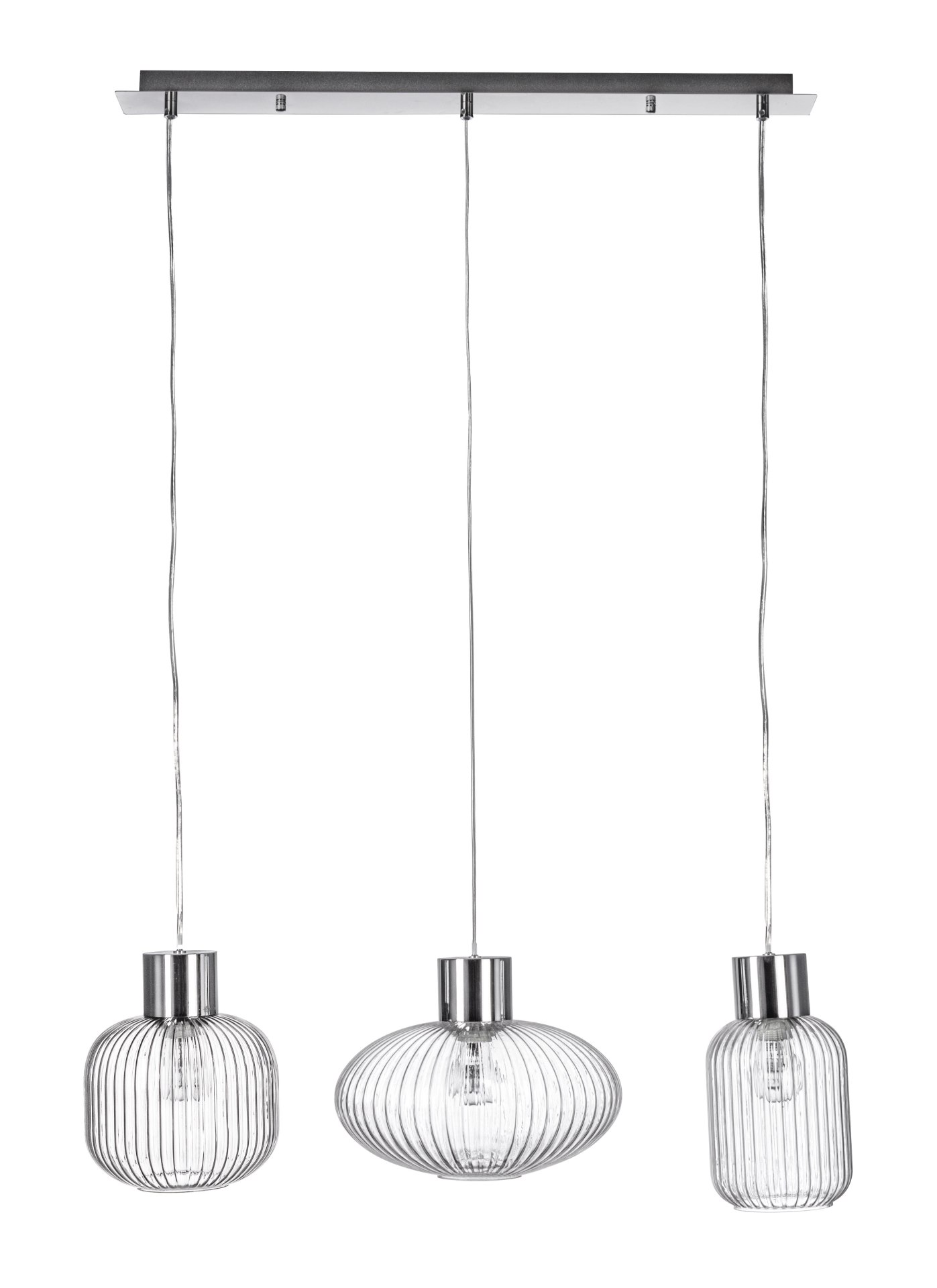 Die Hängeleuchte Showy überzeugt mit ihrem modernen Design. Gefertigt wurde sie aus Metall, welches einen silberne Farbton besitzt. Die Lampenschirme sind aus Glas und sind klar. Die Lampe besitzt eine Höhe von 120 cm.