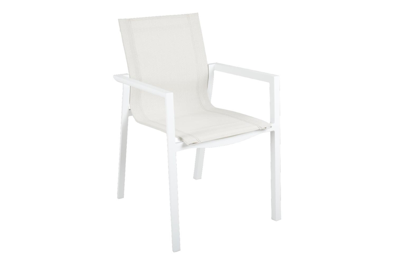 Der Gartenstuhl Delia überzeugt mit seinem modernen Design. Gefertigt wurde er aus Textilene, welches einen weißen Farbton besitzt. Das Gestell ist aus Metall und hat eine weiße Farbe. Die Sitzhöhe des Stuhls beträgt 43 cm.