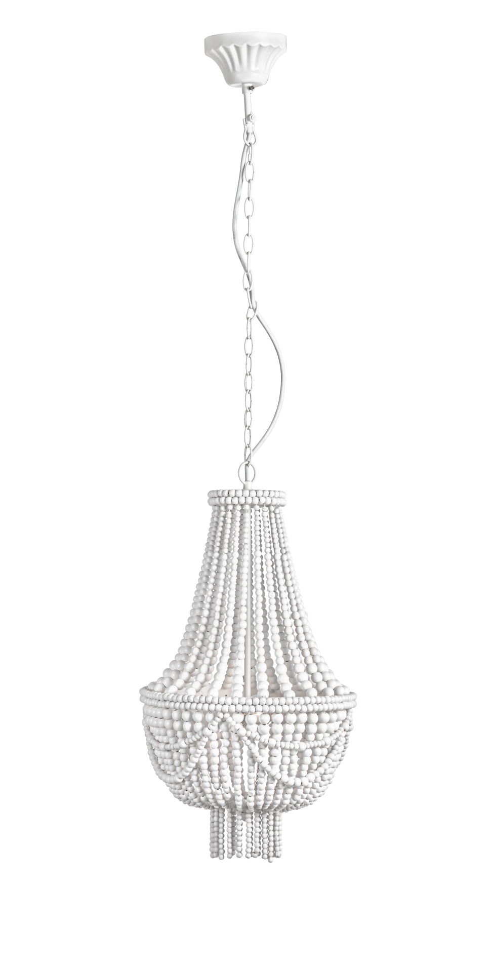 Die Hängeleuchte Pearls überzeugt mit ihrem klassischen Design. Gefertigt wurde sie aus Holzkugeln, welche einen weißen Farbton besitzt. Das Gestell ist aus Metall und hat eine weiße Farbe. Die Lampe besitzt eine Höhe von 51 cm.