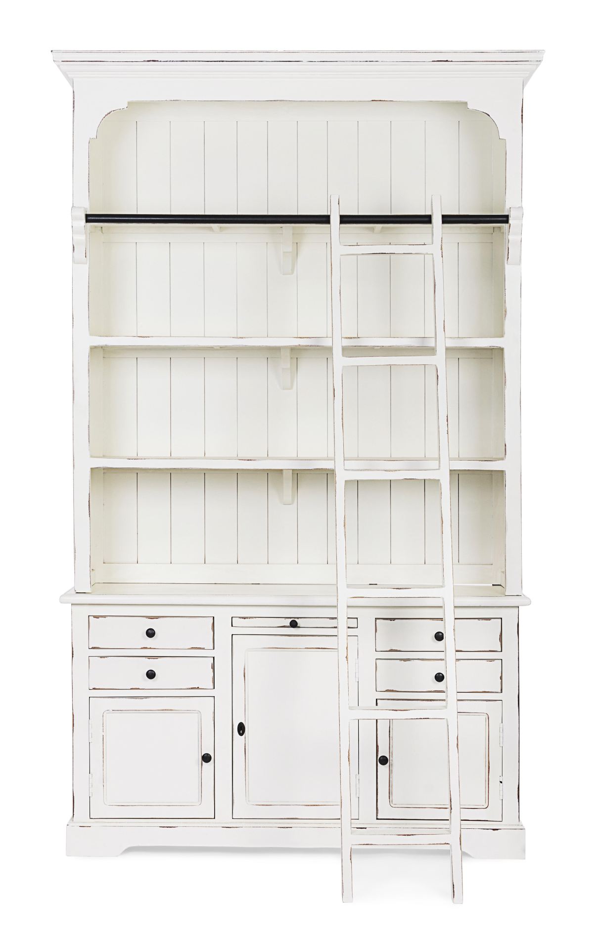 Der Bücherschrank Jefferson überzeugt mit seinem klassischen Design. Gefertigt wurde er aus Mangoholz, welches einen weißen Farbton besitzt. Das Gestell ist auch aus Mangoholz. Der Schrank verfügt über drei Türen und vier Schubladen. Die Breite beträgt 14