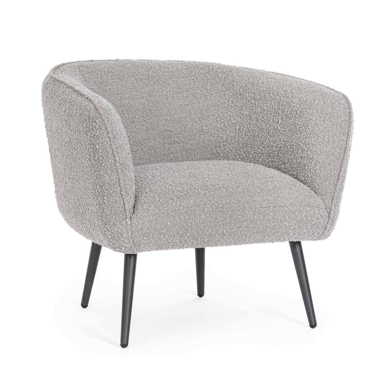 Der Sessel Avril überzeugt mit seinem modernen Stil. Gefertigt wurde er aus Bouclè-Stoff, welcher einen grauen Farbton besitzt. Das Gestell ist aus Metall und hat eine schwarze Farbe. Der Sessel verfügt über eine Armlehne.