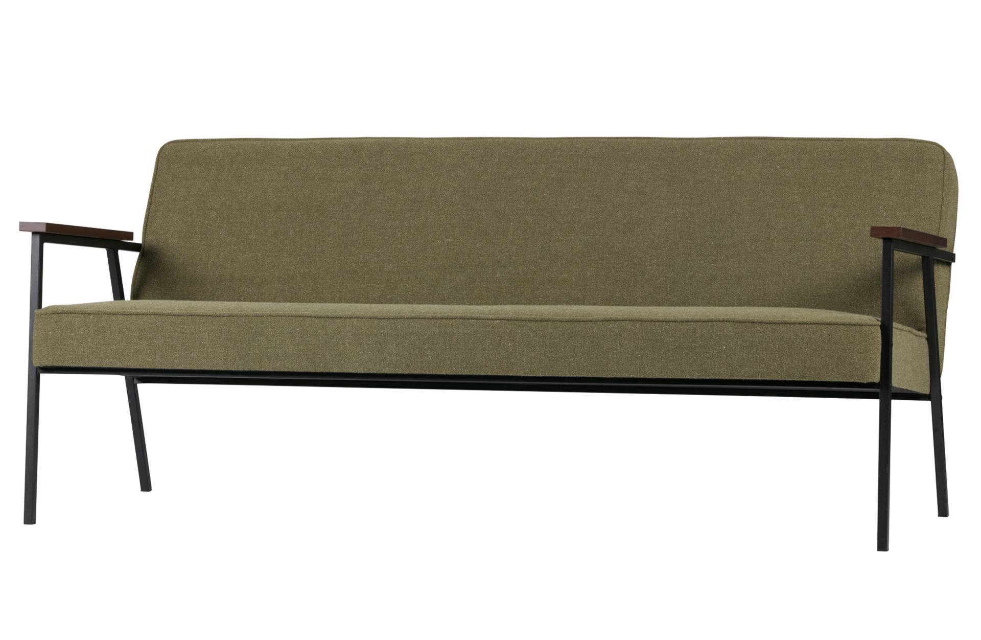 Das 2-Sitzer Sofa Elizabeth überzeugt mit seinem Retro Design. Gefertigt wurde aus einem Stoff Bezug, welcher einen Olive Grünen Farbton besitzt. Das Gestell ist aus Metall und ist schwarz.