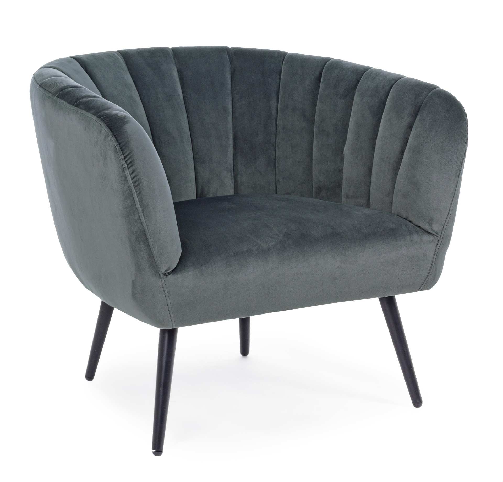 Der Sessel Avril überzeugt mit seinem modernen Design. Gefertigt wurde er aus Stoff in Samt-Optik, welcher einen grauen Farbton besitzt. Das Gestell ist aus Metall und hat eine schwarze Farbe. Der Sessel besitzt eine Sitzhöhe von 43 cm. Die Breite beträgt