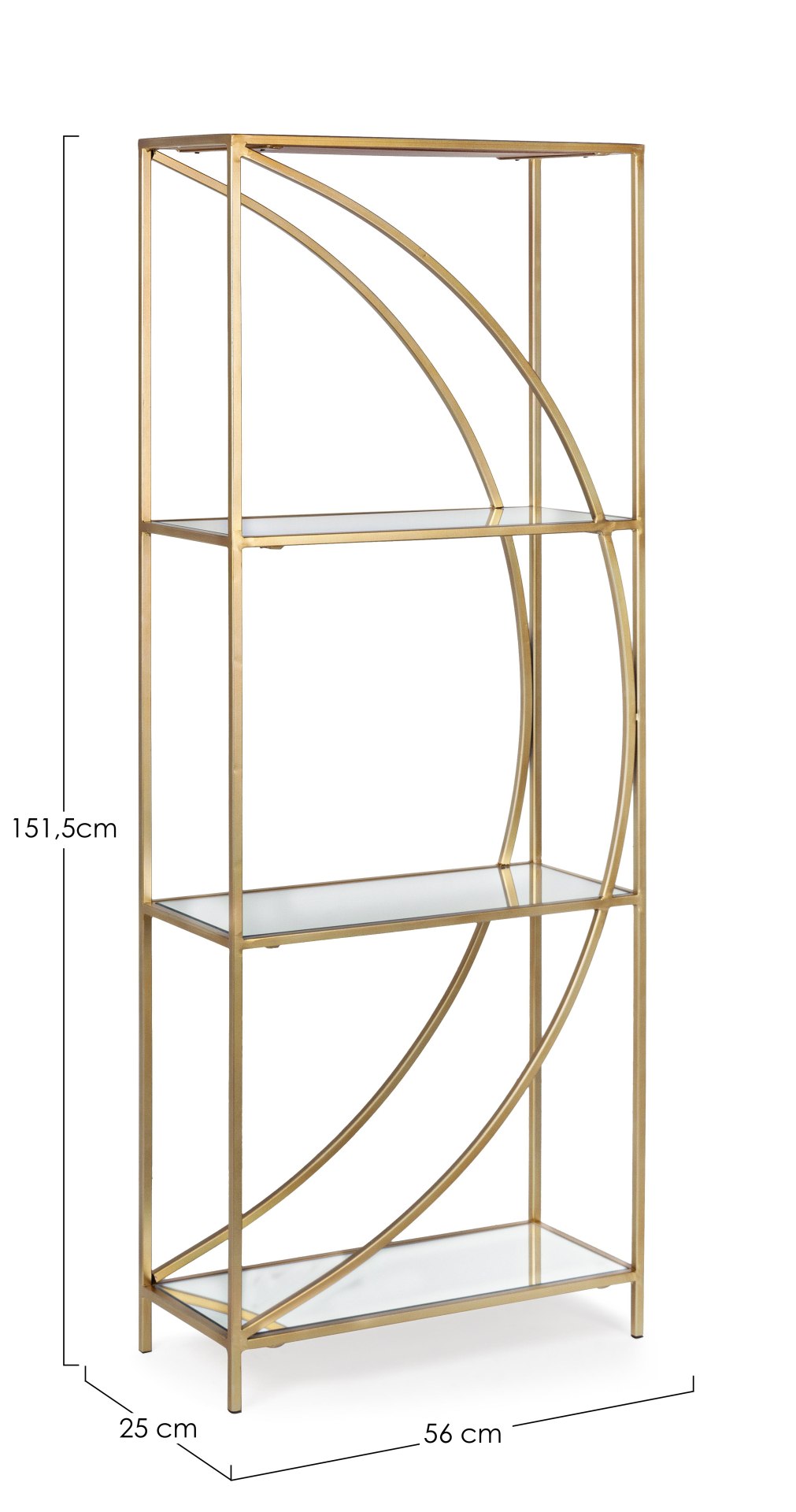 Das Regal Elenor überzeugt mit seinem klassischen Design. Gefertigt wurde es aus Glas. Das Gestell ist aus Metall und hat eine goldene Farbe. Das Regal verfügt über drei Fächer. Die Breite beträgt 56 cm.