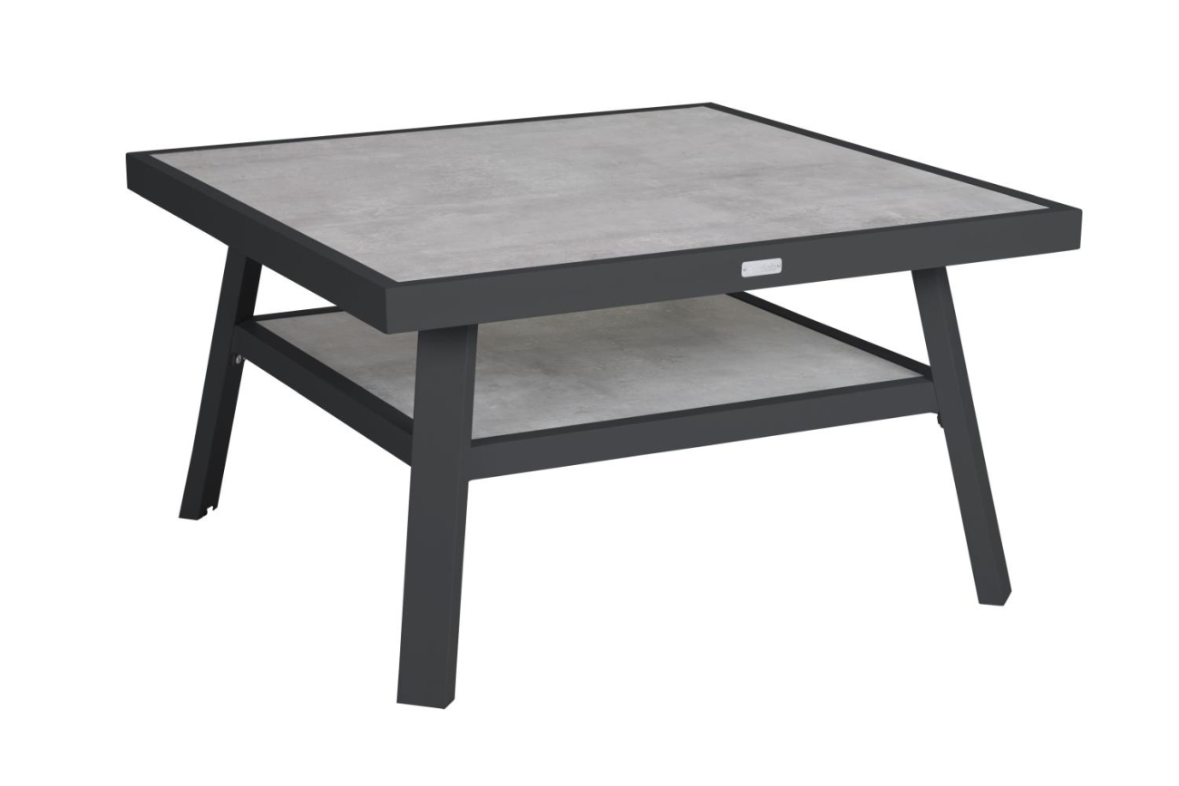 Der Gartenesstisch Samvaro überzeugt mit seinem modernen Design. Gefertigt wurde die Tischplatte aus Granit und hat einen hellgrauen Farbton. Das Gestell ist aus Metall und hat eine Anthrazit Farbe. Der Tisch besitzt eine Länge von 90 cm.