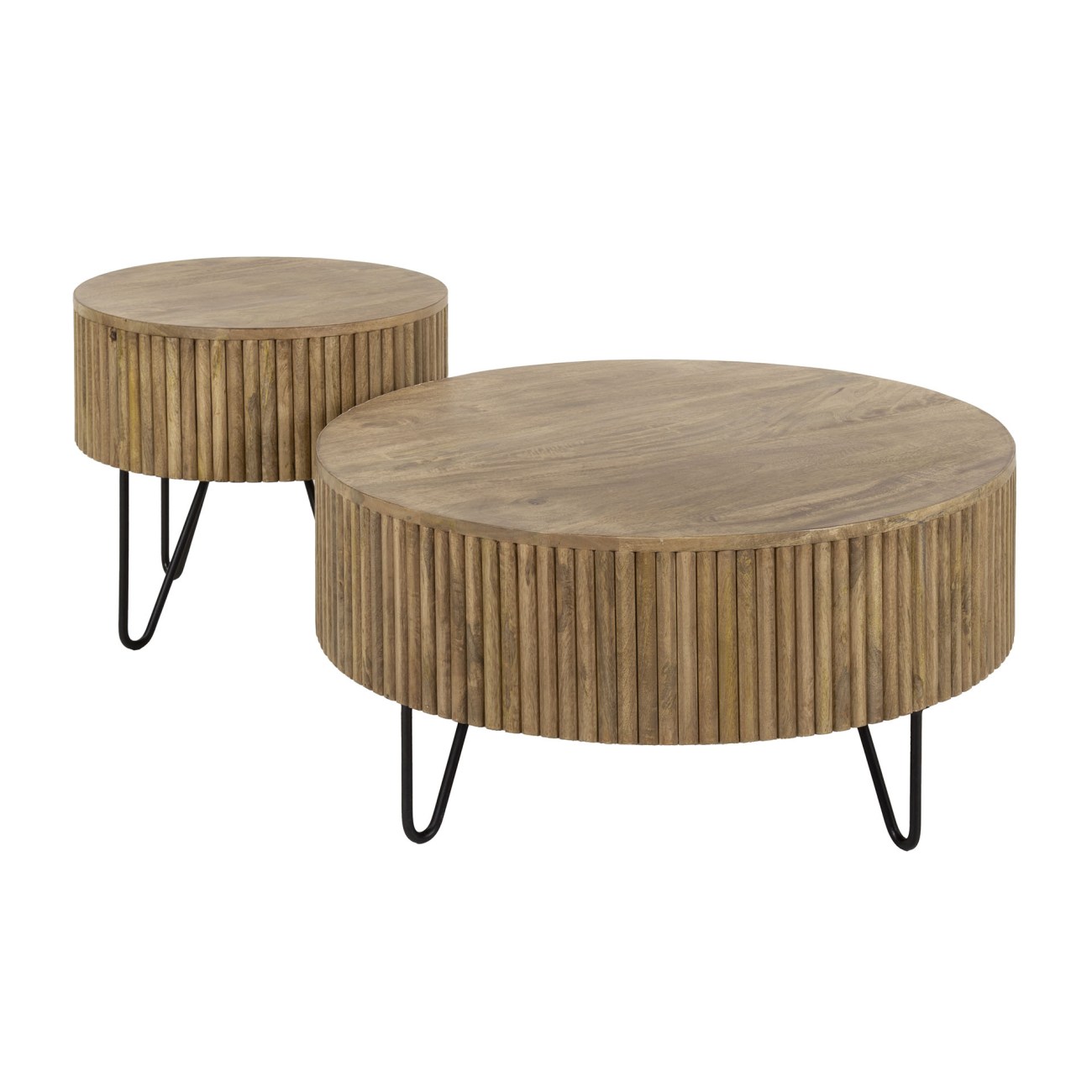 2er-Set Couchtisch Vagula - Natur Mangoholz, Wellenmuster, Rund