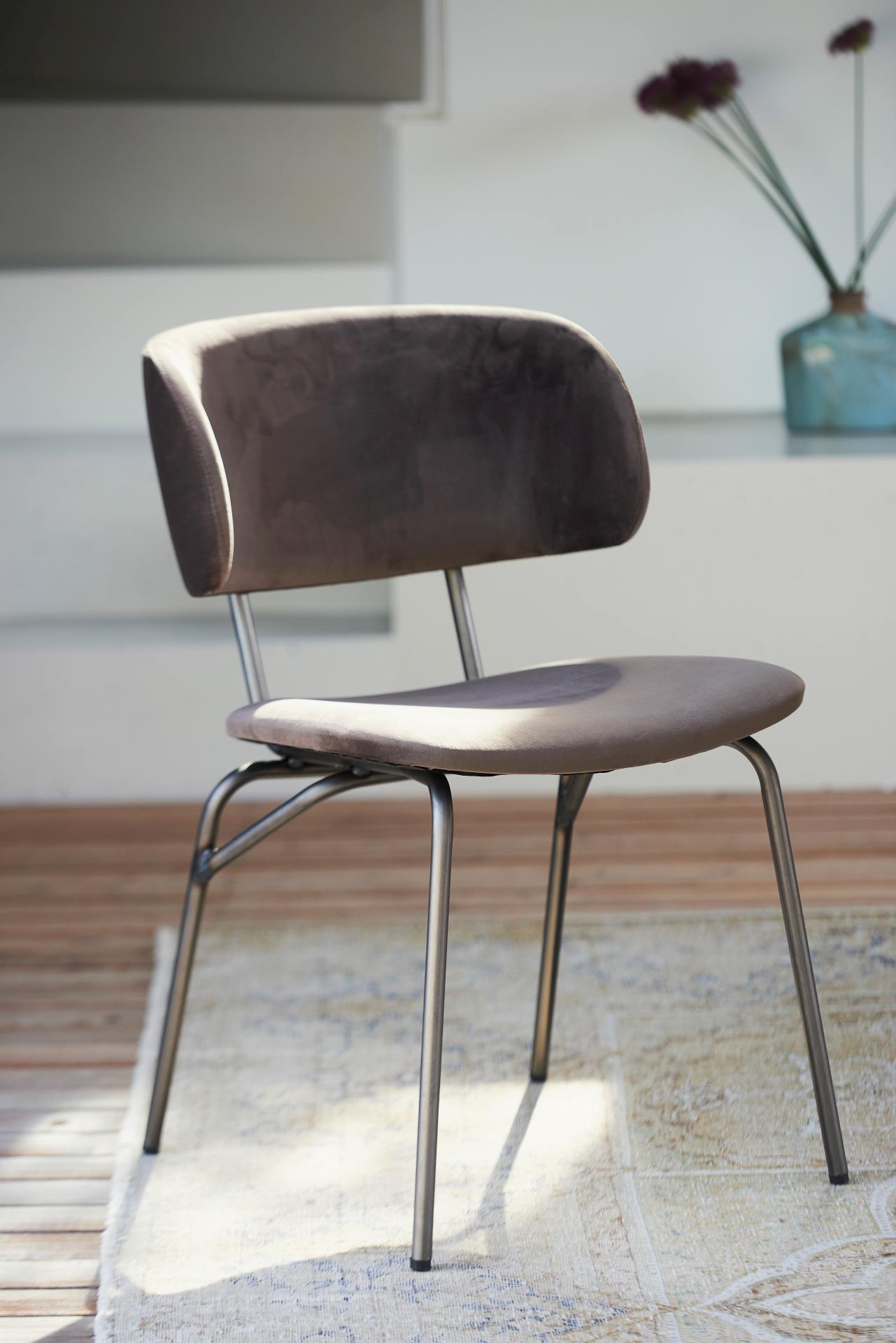 Der moderne Stuhl Giulia wurde aus einem Metall Gestell gefertigt. Die Sitz- und Rückenfläche ist aus einem Samt Bezug. Der Stuhl hat eine Taupe Farbe und ist von der Marke Jan Kurtz.