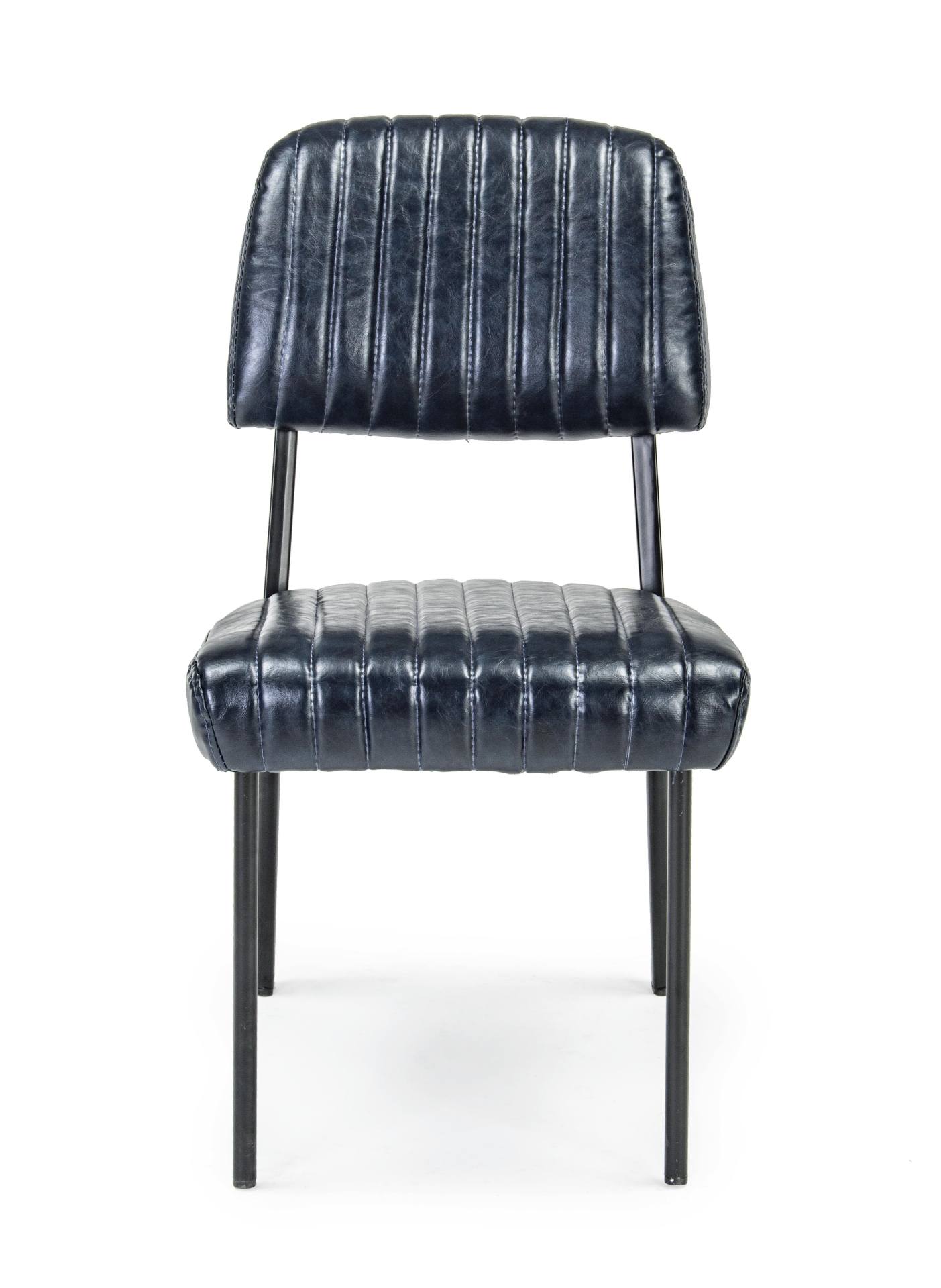 Der Stuhl Nelly überzeugt mit seinem industriellen Design. Gefertigt wurde der Stuhl aus Kunstleder, welches einen blauen Farbton besitzt. Das Gestell ist aus Stahl und ist schwarz. Die Sitzhöhe beträgt 45 cm.