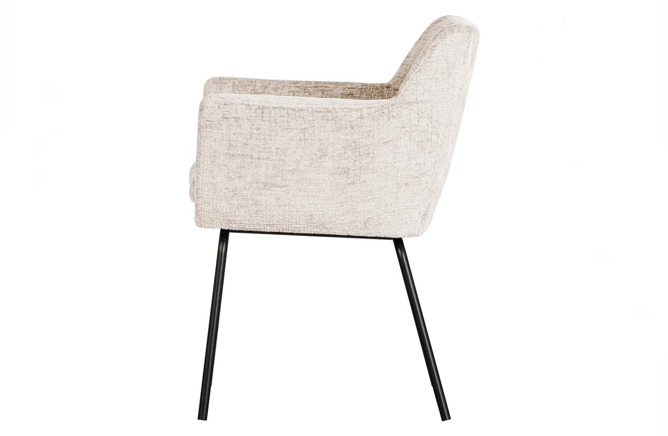 Der Esszimmerstuhl Kam überzeugt mit seinem modernen Stil. Gefertigt wurde er aus groben Samt, welches einen weißen Farbton besitzt. Das Gestell ist aus Metall und hat eine schwarze Farbe. Der Stuhl verfügt über eine Sitzhöhe von 49 cm.
