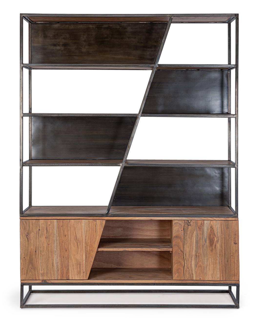 Das Bücherregal Janak überzeugt mit seinem modernen Stil. Gefertigt wurde es aus Akazienholz, welches einen natürlichen Farbton besitzt. Das Gestell ist aus Metall und hat eine schwarze Farbe. Das Highboard verfügt über zwei Türen.