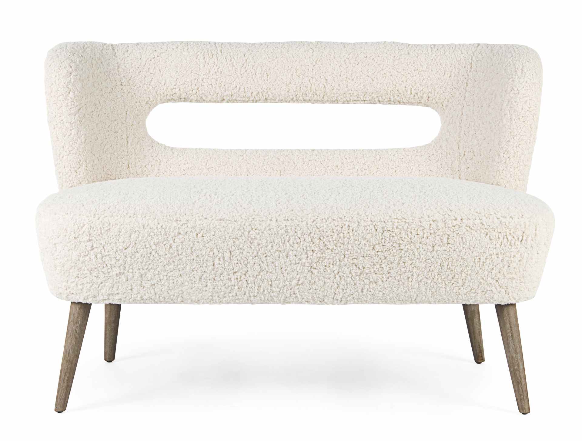 Das Sofa Cortina überzeugt mit seinem modernen Design. Gefertigt wurde es aus Teddy Stoff, welcher einen weißen Farbton besitzt. Das Gestell ist aus Kiefernholz und hat eine natürliche Farbe. Das Sofa ist in der Ausführung als 2-Sitzer. Die Breite beträgt