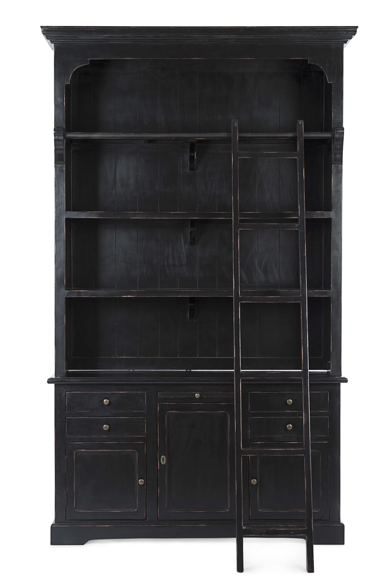 Der Bücherschrank Jefferson überzeugt mit seinem klassischen Design. Gefertigt wurde er aus Mangoholz, welches einen schwarzen Farbton besitzt. Das Gestell ist auch aus Mangoholz. Der Schrank verfügt über drei Türen und vier Schubladen. Die Breite beträgt