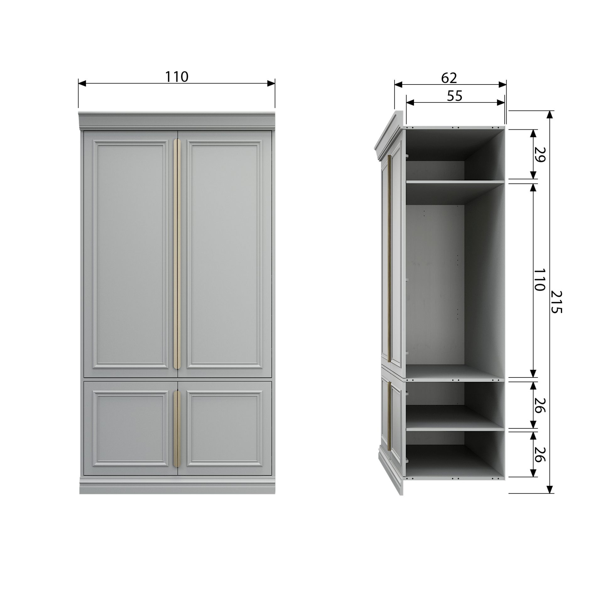 Der Schrank Organzie wurde aus Kiefernholz gefertigt, welches einen weißen Farbton besitzt. Der Schrank verfügt über vier Türen mit Fächern im Inneren für ausreichend Stauraum.