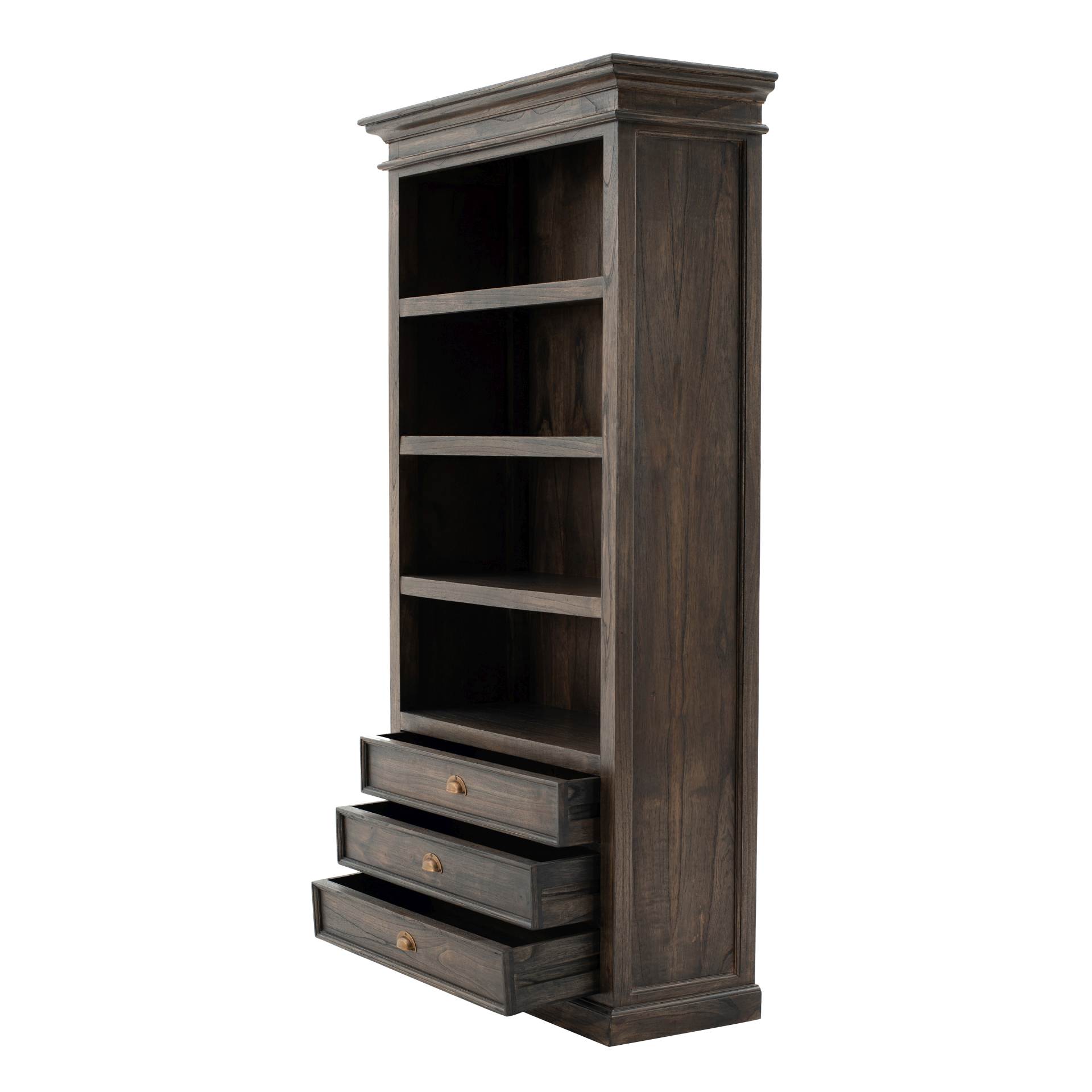 Der Bücherregal Halifax Mindi überzeugt mit seinem Landhaus Stil. Gefertigt wurde er aus Mindi Holz, welches einen braunen Farbton besitzt. Das Regal verfügt über drei Schubladen und vier offene Fächer. Die Breite beträgt 100 cm.