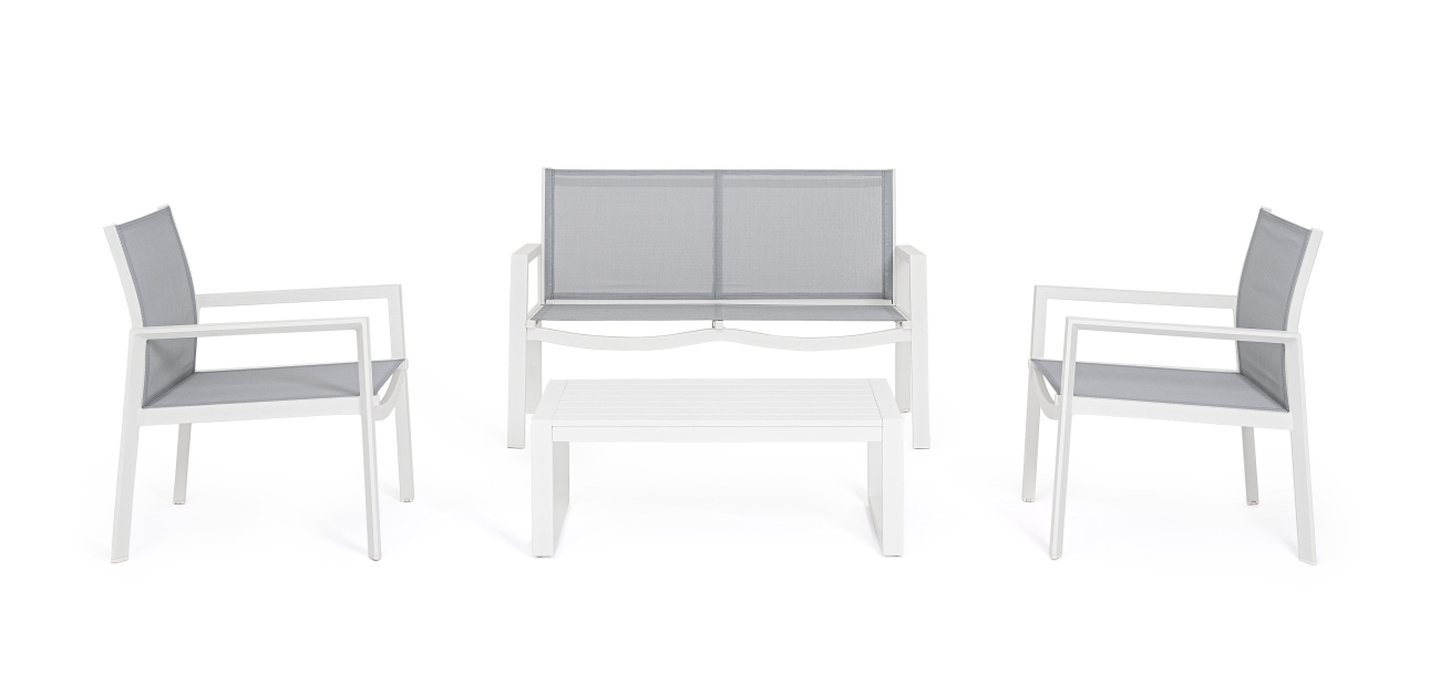 Das Garten-Set Kallen überzeugt mit seinem modernen Design. Gefertigt wurde es aus Textilene, welches einen dunklem Farbton besitzt. Das Gestell ist aus Aluminium und hat eine weiße Farbe. Das Set besteht aus einem Sofa, zwei Sesseln und einem Couchtisch.