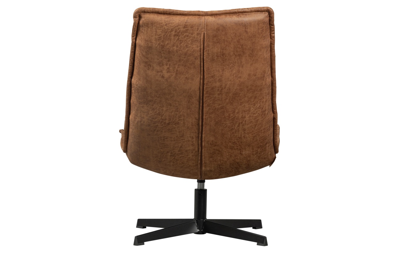 Der Sessel Nika überzeugt mit seinem modernen Stil. Gefertigt wurde er aus Kunstleder, welches einen Cognac Farbton besitzt. Das Gestell ist aus Metall und hat eine schwarze Farbe. Der Sessel verfügt über eine Sitzhöhe von 43 cm und ist drehbar.