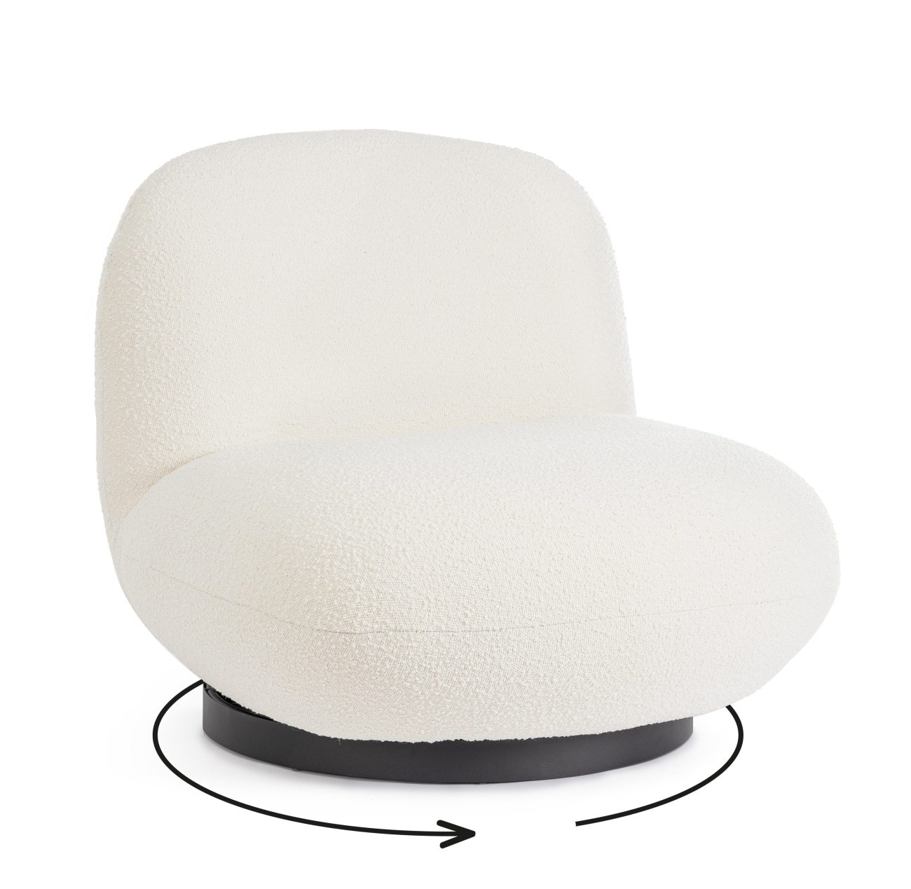Der Sessel Margot überzeugt mit seinem modernen Stil. Gefertigt wurde er aus Bouclè-Stoff, welcher einen weißen Farbton besitzt. Das Gestell ist aus Metall und hat eine schwarze Farbe. Der Sessel verfügt über eine Drehfunktion.