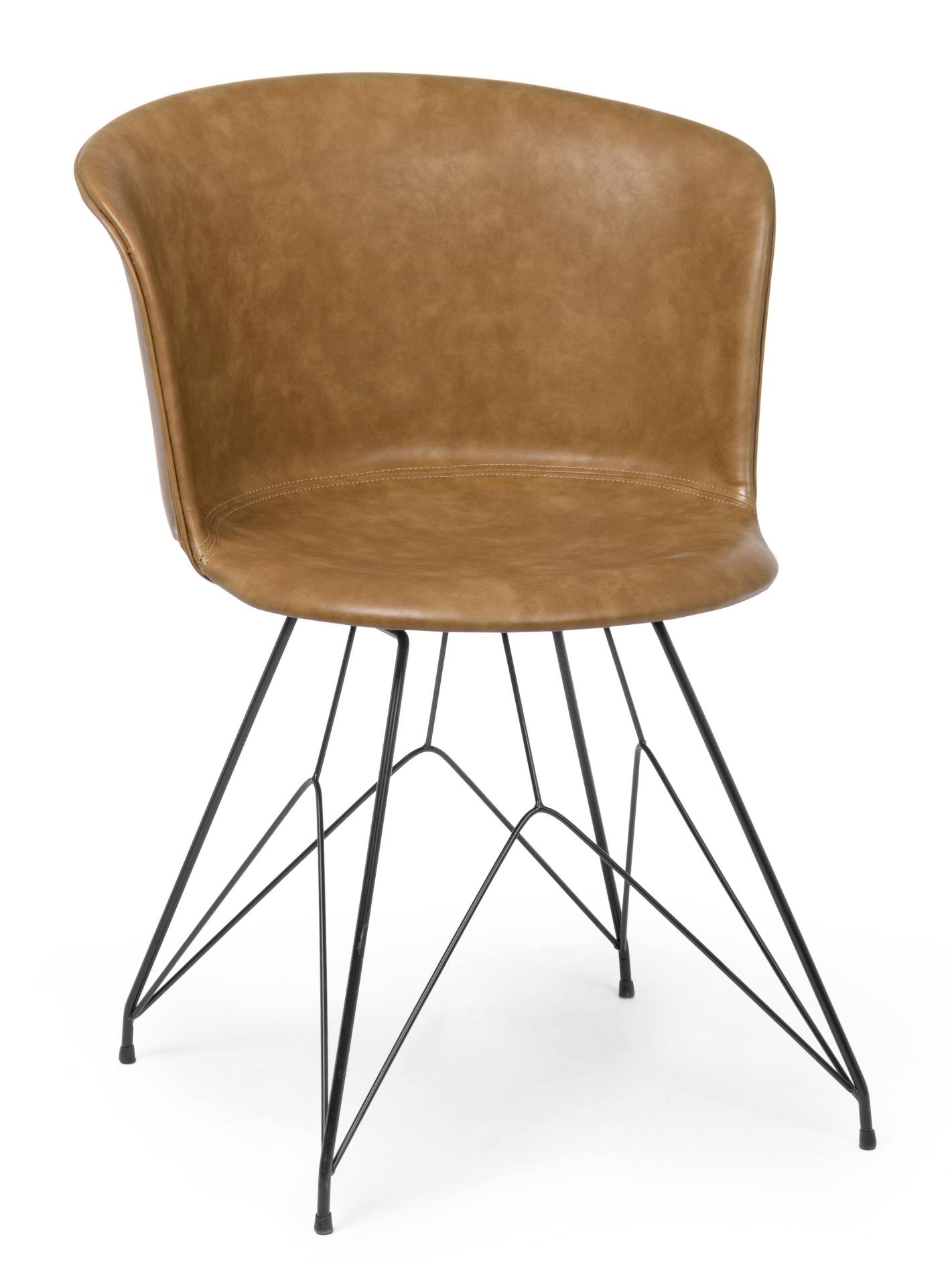 Der Esszimmerstuhl Loft überzeugt mit seinem modernem Design. Gefertigt wurde der Stuhl aus Kunstleder, welches einen Cognac Farbton besitzt. Das Gestell ist aus Metall und ist Schwarz. Die Sitzhöhe beträgt 45 cm.